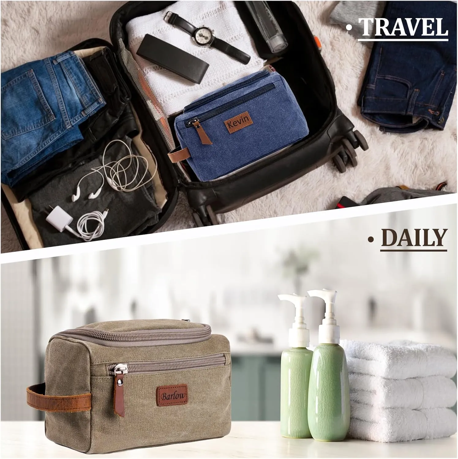 Personalized Travel Toiletry Bag - Double Layer Reinforced Handle,Canvas Water Resistant Shaving Bag,Dopp Kit,Travel Essentials for Men,Groomsmen Gifts