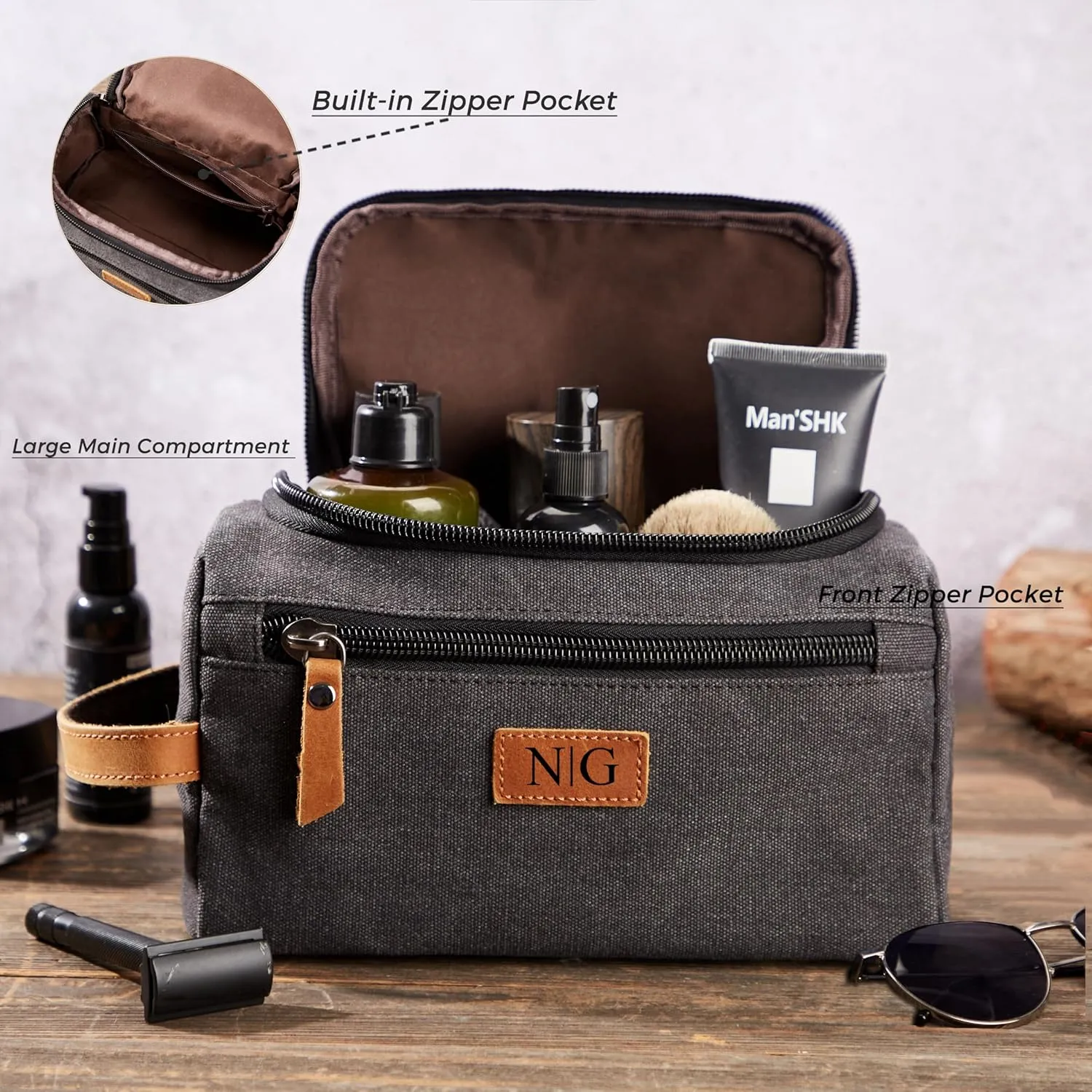 Personalized Travel Toiletry Bag - Double Layer Reinforced Handle,Canvas Water Resistant Shaving Bag,Dopp Kit,Travel Essentials for Men,Groomsmen Gifts
