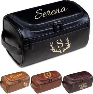 Personalized Travel Toiletry Bag for Men Custom Leather Toiletry Bag with Engraved Name Initials Hanging Toiletry Bag Personalized Gifts for Men Dad Fathers Day Groomsmen Husband (Black)