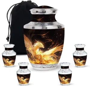 Phoenix Dragon Ascension - Funeral Urns for Adult - Combo of 1 Large Urn with Velvet Bag and 4 Small - Cremation Urns - Small Urns for Human Ashes - Memorial Urns for Male & Female - Large Urn