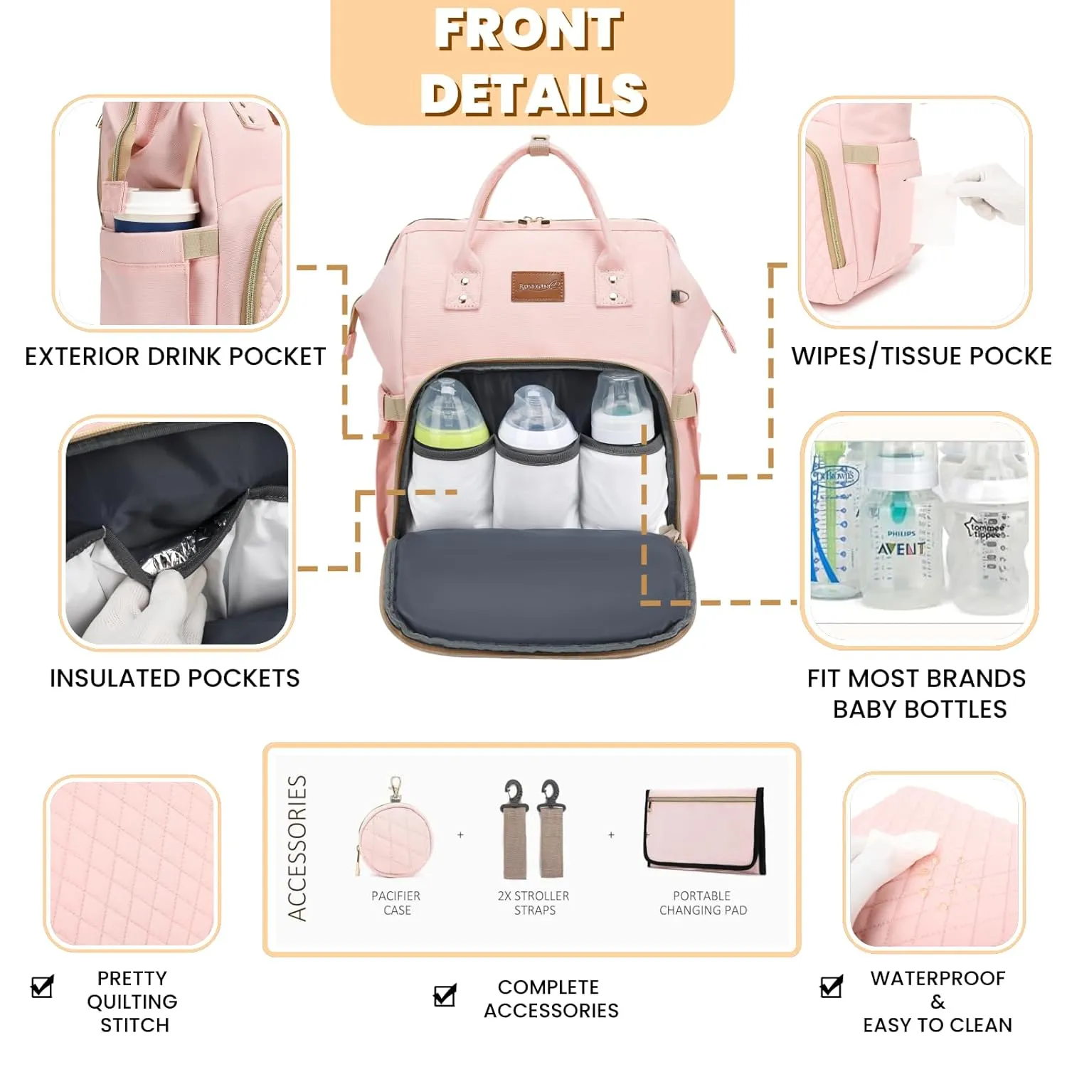 Pink Diaper Bag Backpack for Baby Girls - Perfect Baby Shower Gifts, with Changing Pad, Pacifier Case, Insulated Pockets, Stroller Straps, 35L Large Capacity - Cute, Stylish