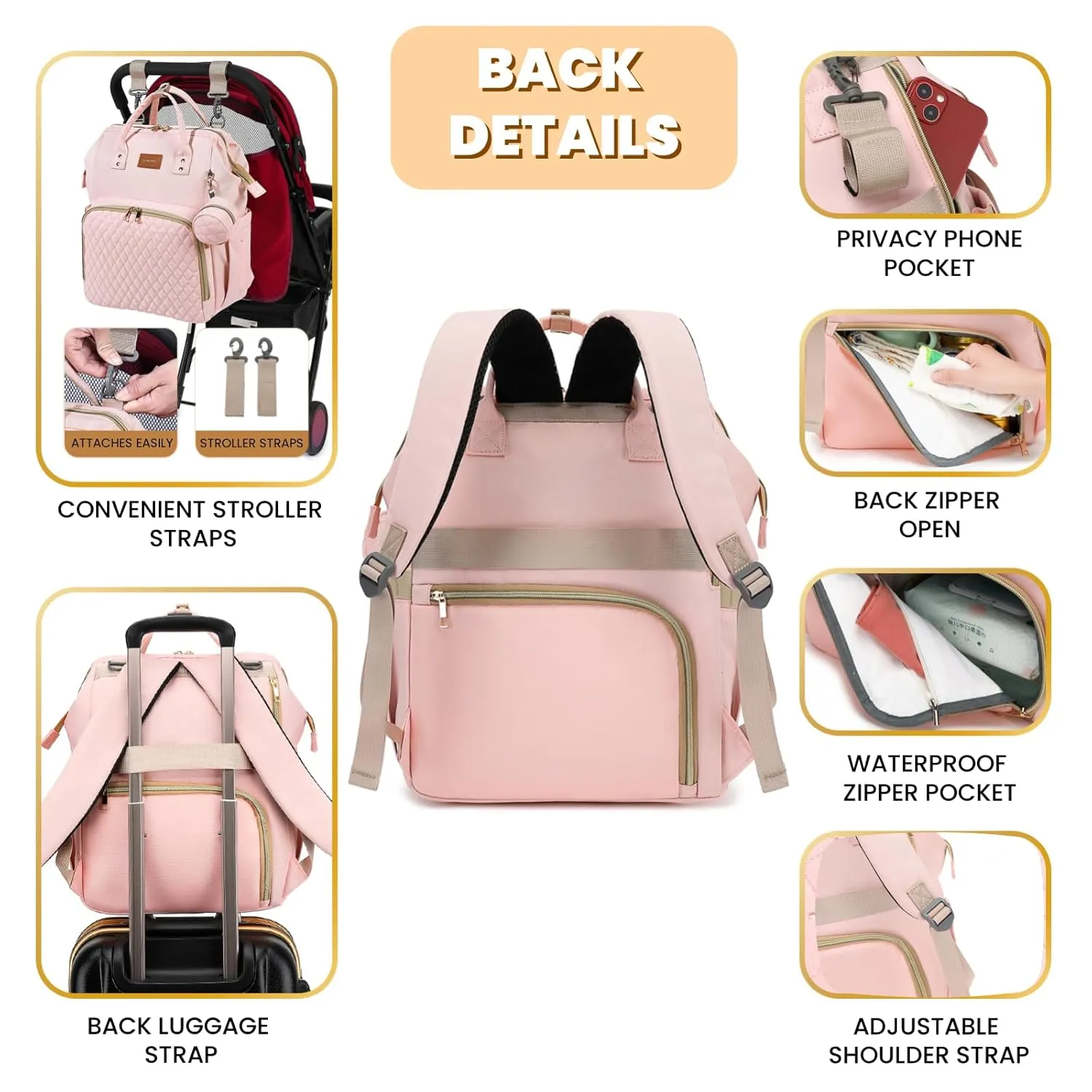 Pink Diaper Bag Backpack for Baby Girls - Perfect Baby Shower Gifts, with Changing Pad, Pacifier Case, Insulated Pockets, Stroller Straps, 35L Large Capacity - Cute, Stylish