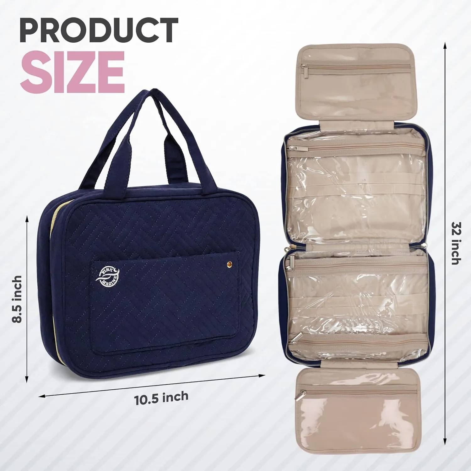 Pink Marine Travel Hanging Toiletry Bag for Women and Men, Luxury Cosmetics and Makeup Organizer with Full-Size Pockets, Waterproof Exterior, Hands-Free Hook, (Blue, Medium)