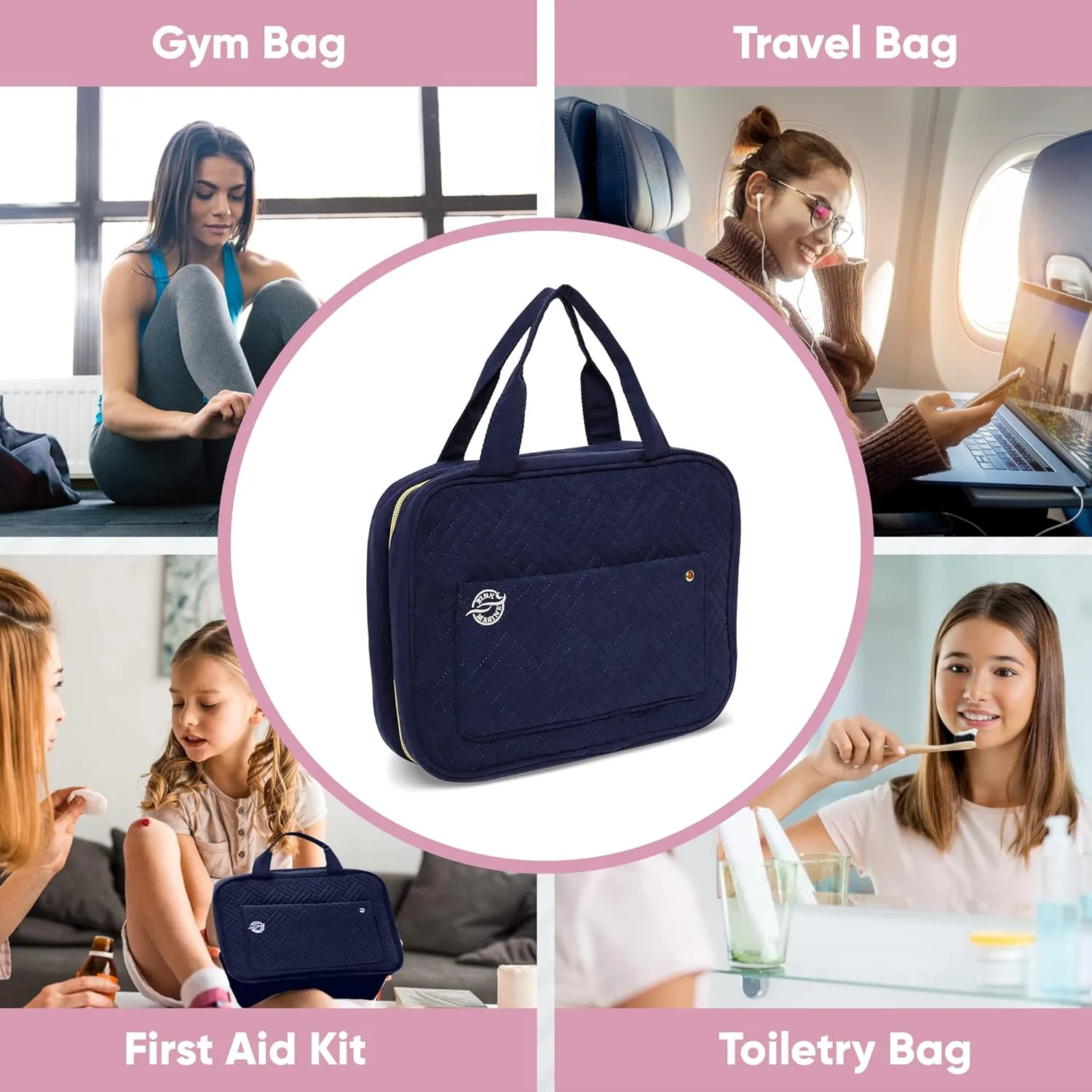 Pink Marine Travel Hanging Toiletry Bag for Women and Men, Luxury Cosmetics and Makeup Organizer with Full-Size Pockets, Waterproof Exterior, Hands-Free Hook, (Blue, Medium)