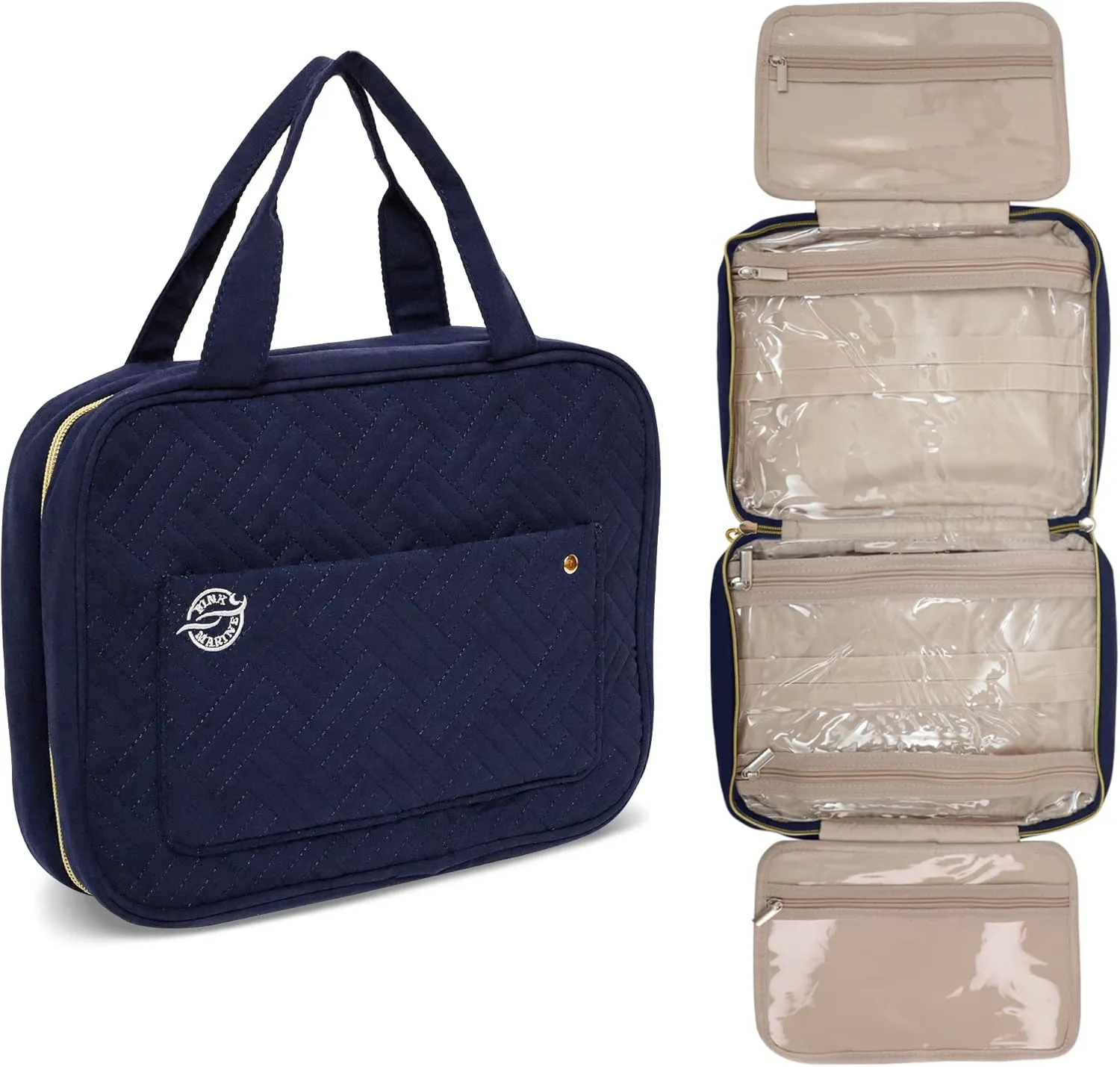 Pink Marine Travel Hanging Toiletry Bag for Women and Men, Luxury Cosmetics and Makeup Organizer with Full-Size Pockets, Waterproof Exterior, Hands-Free Hook, (Blue, Medium)