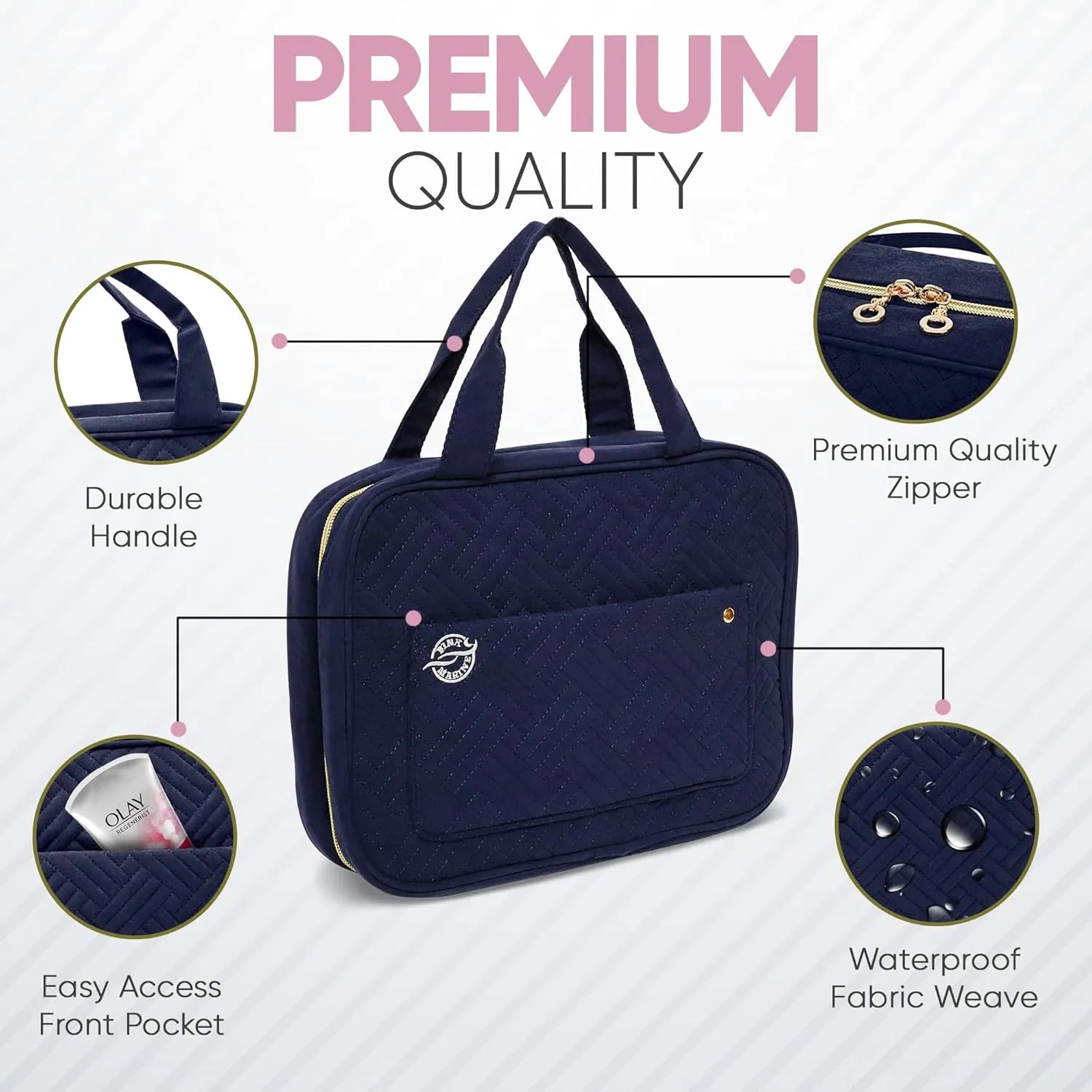 Pink Marine Travel Hanging Toiletry Bag for Women and Men, Luxury Cosmetics and Makeup Organizer with Full-Size Pockets, Waterproof Exterior, Hands-Free Hook, (Blue, Medium)