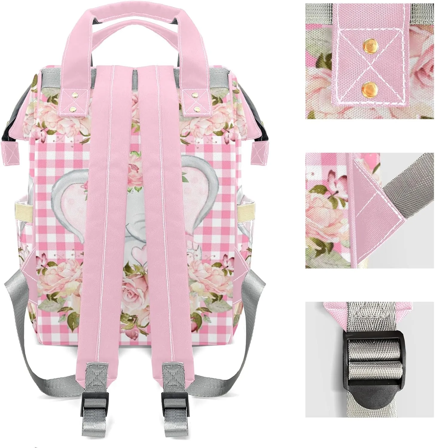 Pink Plaid Floral Girl Elephant Personalized Large Capacity Diaper Bags,Custom Name Backpack Casual Daypack Bag Nappy Bag Gifts, Design 11, SFA055SS