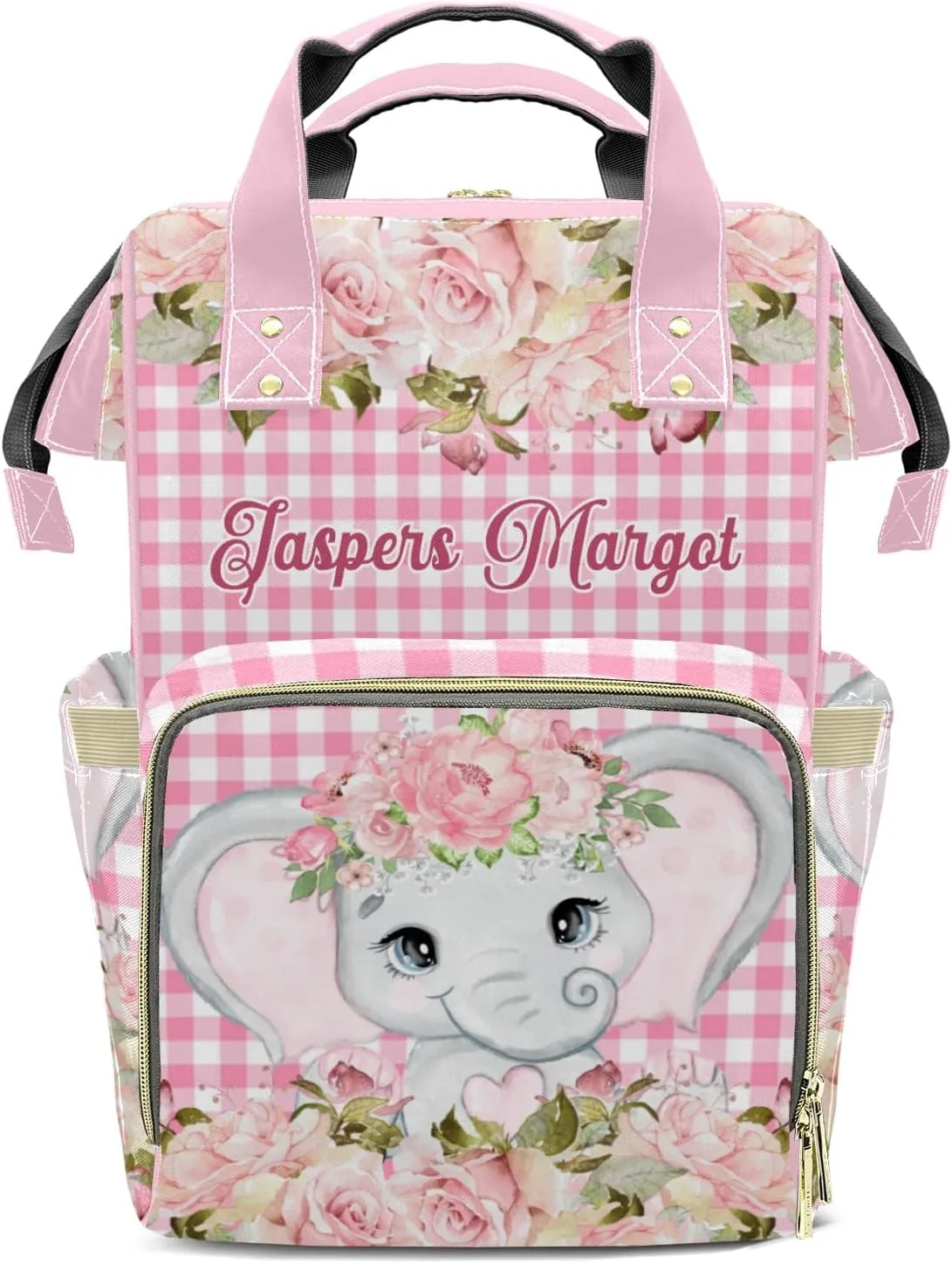 Pink Plaid Floral Girl Elephant Personalized Large Capacity Diaper Bags,Custom Name Backpack Casual Daypack Bag Nappy Bag Gifts, Design 11, SFA055SS