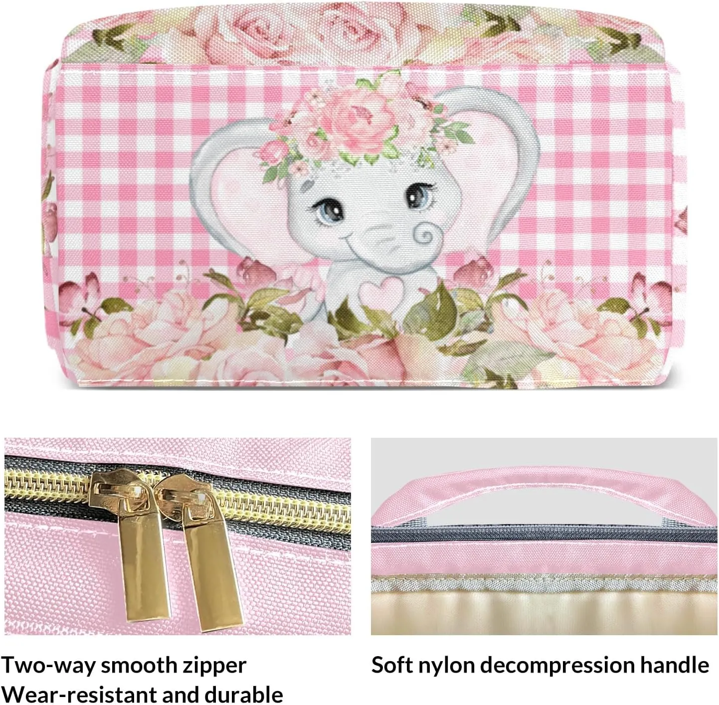 Pink Plaid Floral Girl Elephant Personalized Large Capacity Diaper Bags,Custom Name Backpack Casual Daypack Bag Nappy Bag Gifts, Design 11, SFA055SS