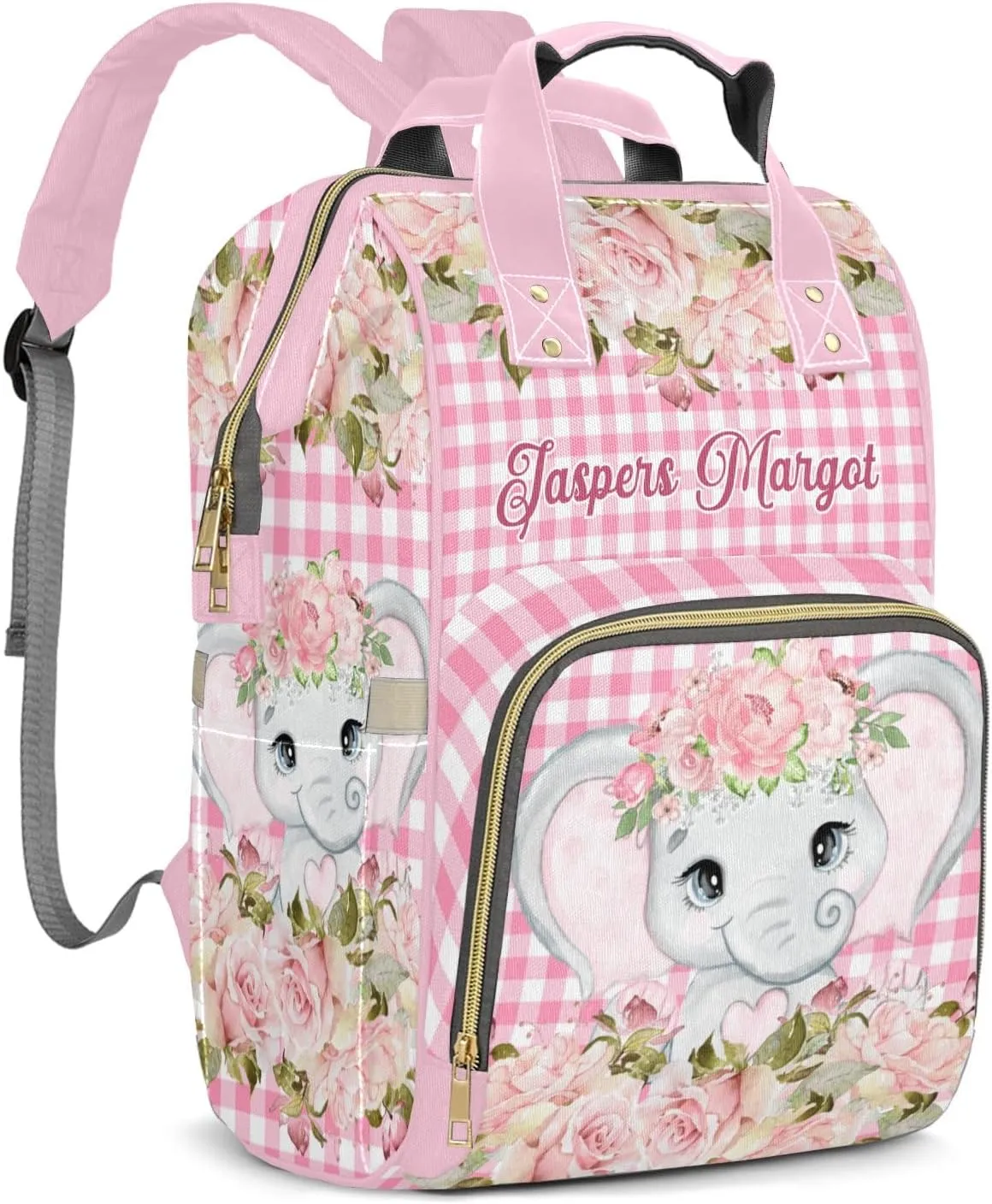 Pink Plaid Floral Girl Elephant Personalized Large Capacity Diaper Bags,Custom Name Backpack Casual Daypack Bag Nappy Bag Gifts, Design 11, SFA055SS