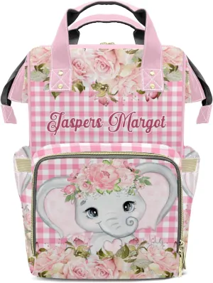 Pink Plaid Floral Girl Elephant Personalized Large Capacity Diaper Bags,Custom Name Backpack Casual Daypack Bag Nappy Bag Gifts, Design 11, SFA055SS