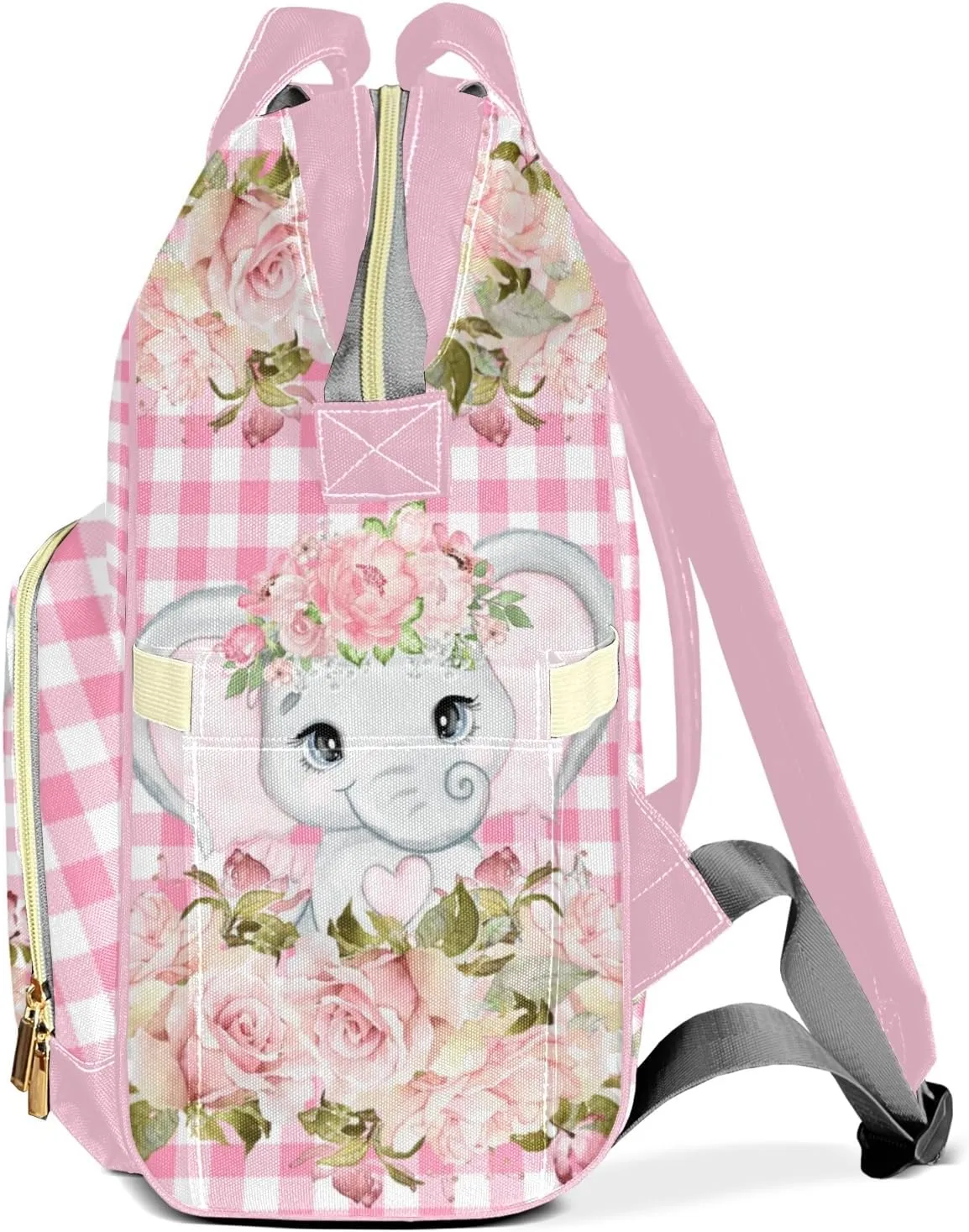 Pink Plaid Floral Girl Elephant Personalized Large Capacity Diaper Bags,Custom Name Backpack Casual Daypack Bag Nappy Bag Gifts, Design 11, SFA055SS