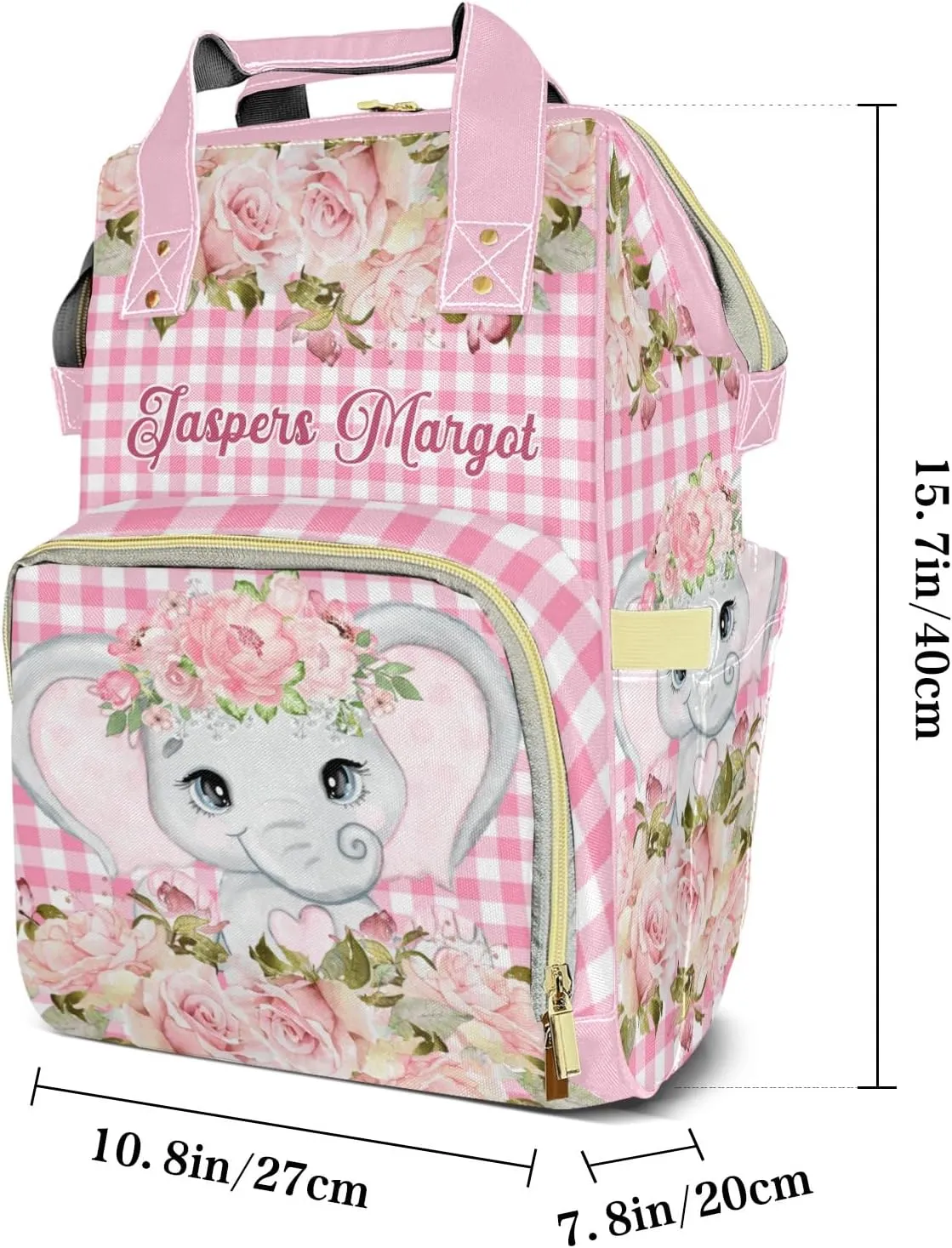 Pink Plaid Floral Girl Elephant Personalized Large Capacity Diaper Bags,Custom Name Backpack Casual Daypack Bag Nappy Bag Gifts, Design 11, SFA055SS