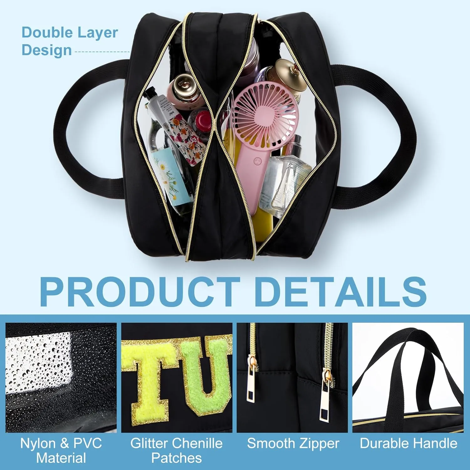 Pinkunn Large Clear Chenille Letter Bag Double Layer Makeup Patches Cosmetic Bag Zipper Pouch for Travel Waterproof Nylon Toiletry Makeup Supplies for Women Girls(Black,Stuff)