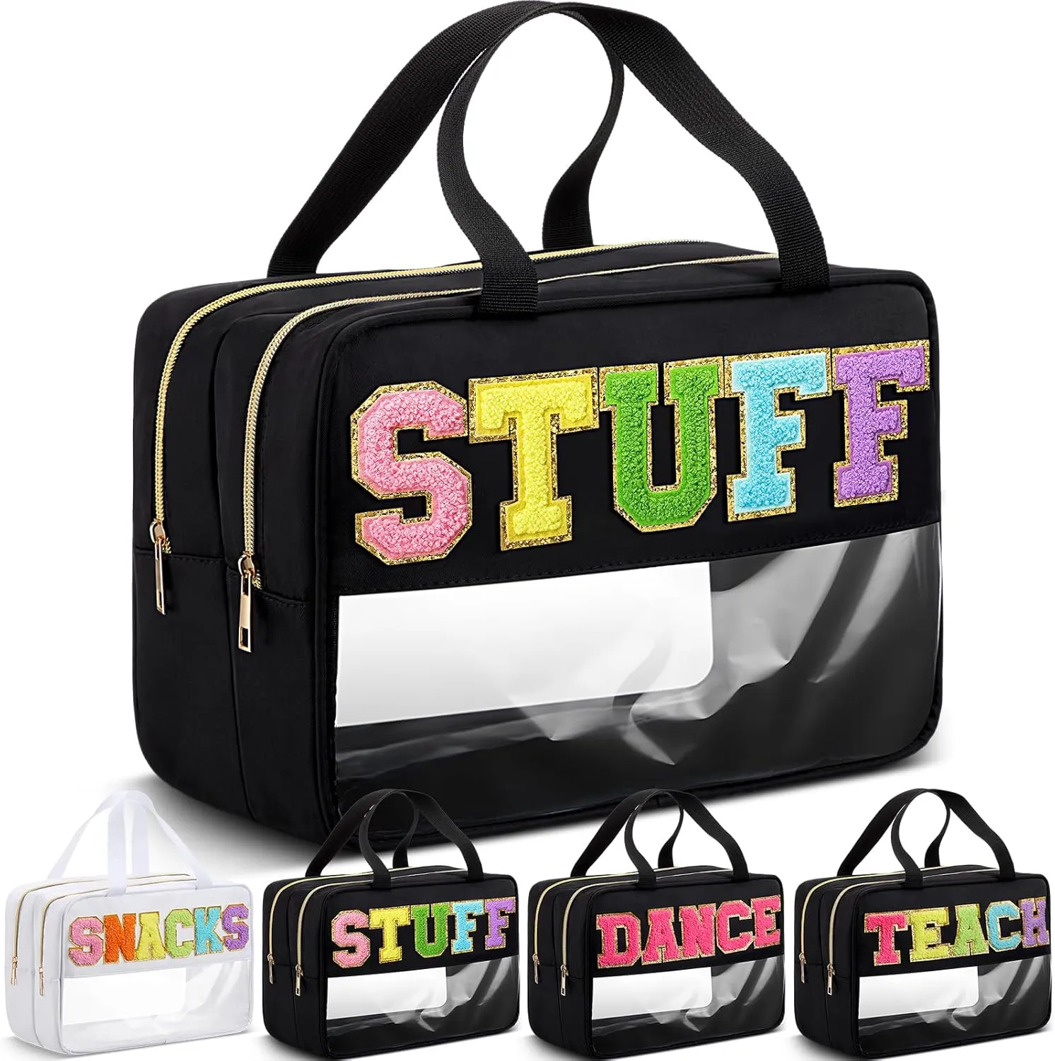 Pinkunn Large Clear Chenille Letter Bag Double Layer Makeup Patches Cosmetic Bag Zipper Pouch for Travel Waterproof Nylon Toiletry Makeup Supplies for Women Girls(Black,Stuff)
