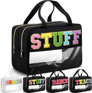 Pinkunn Large Clear Chenille Letter Bag Double Layer Makeup Patches Cosmetic Bag Zipper Pouch for Travel Waterproof Nylon Toiletry Makeup Supplies for Women Girls(Black,Stuff)