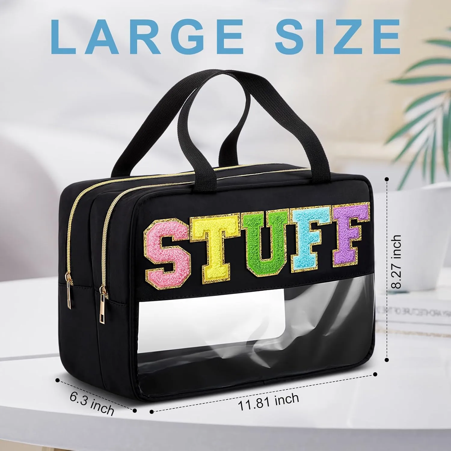 Pinkunn Large Clear Chenille Letter Bag Double Layer Makeup Patches Cosmetic Bag Zipper Pouch for Travel Waterproof Nylon Toiletry Makeup Supplies for Women Girls(Black,Stuff)