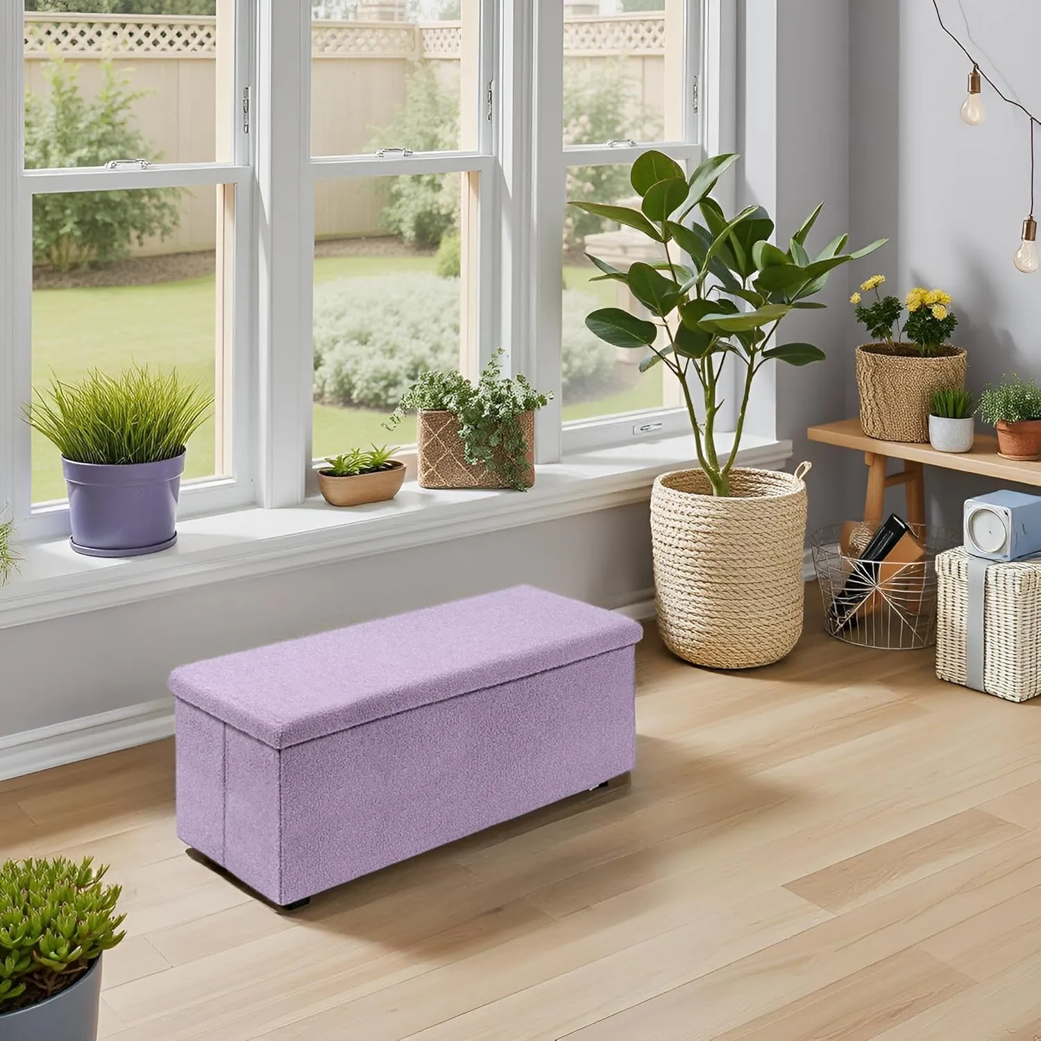 PINPLUS Folding Storage Ottoman Bench, Sherpa Ottoman with Storage, Large Long Shoes Bench Toys Chest with Lid, Footrest for Living Room, Entryway, Purple 43'' x 15'' x 15''
