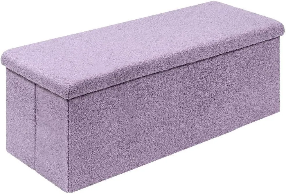 PINPLUS Folding Storage Ottoman Bench, Sherpa Ottoman with Storage, Large Long Shoes Bench Toys Chest with Lid, Footrest for Living Room, Entryway, Purple 43'' x 15'' x 15''