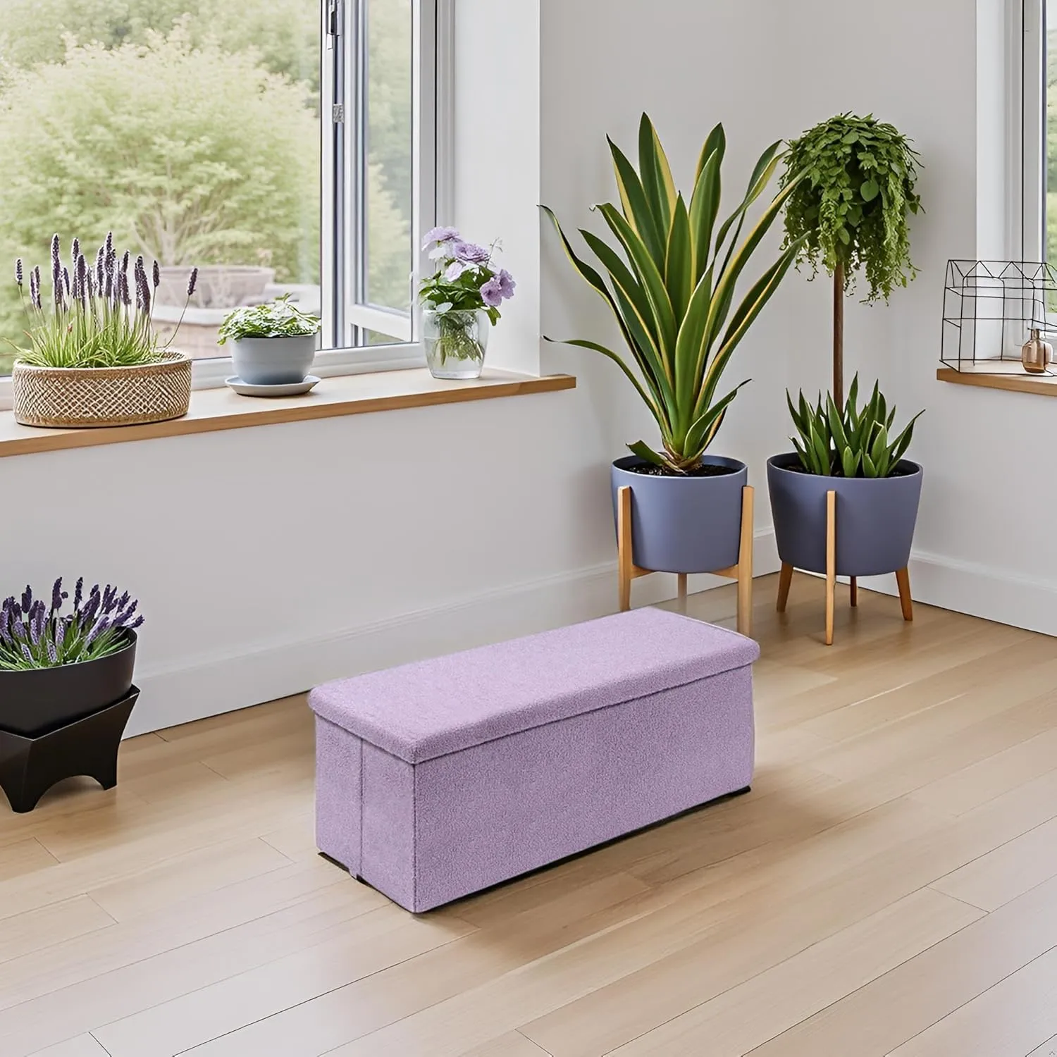 PINPLUS Folding Storage Ottoman Bench, Sherpa Ottoman with Storage, Large Long Shoes Bench Toys Chest with Lid, Footrest for Living Room, Entryway, Purple 43'' x 15'' x 15''