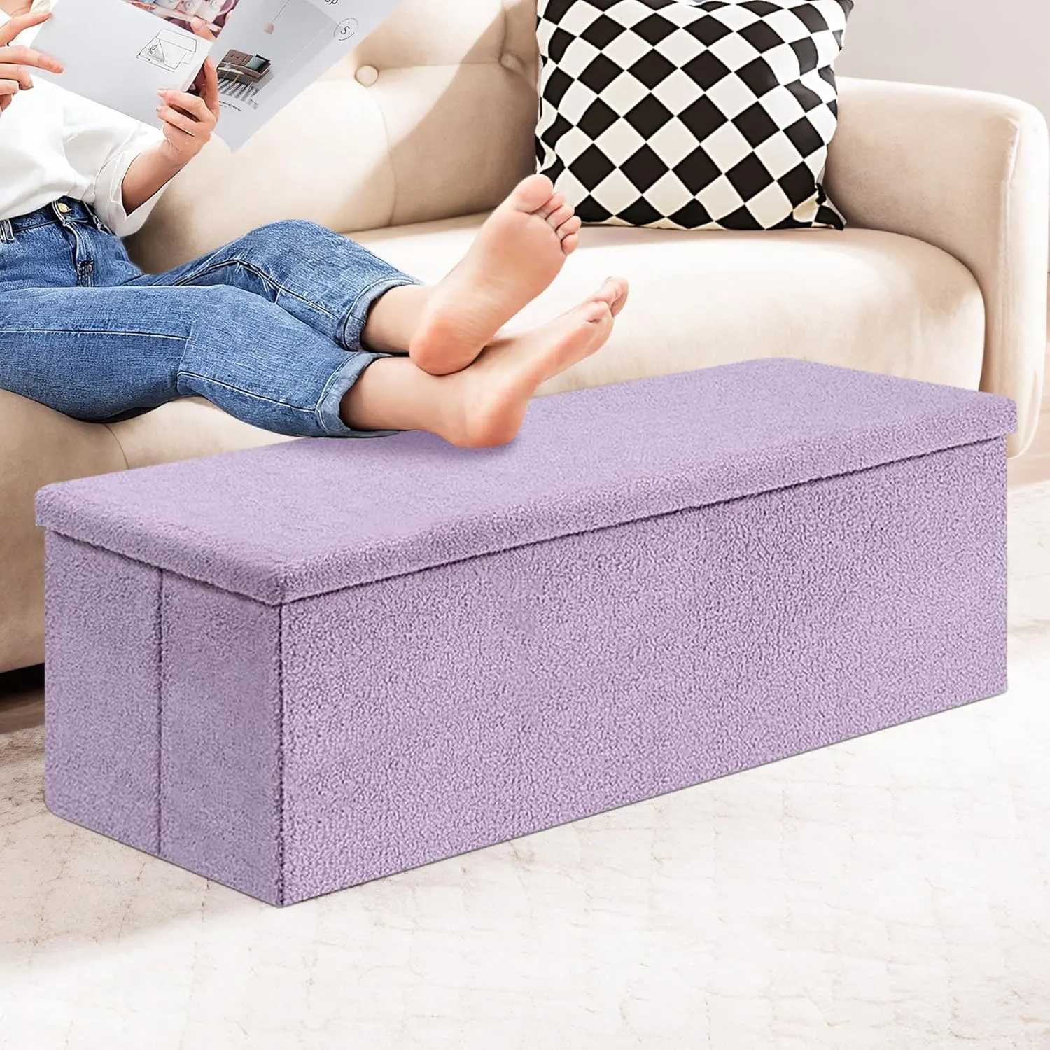 PINPLUS Folding Storage Ottoman Bench, Sherpa Ottoman with Storage, Large Long Shoes Bench Toys Chest with Lid, Footrest for Living Room, Entryway, Purple 43'' x 15'' x 15''
