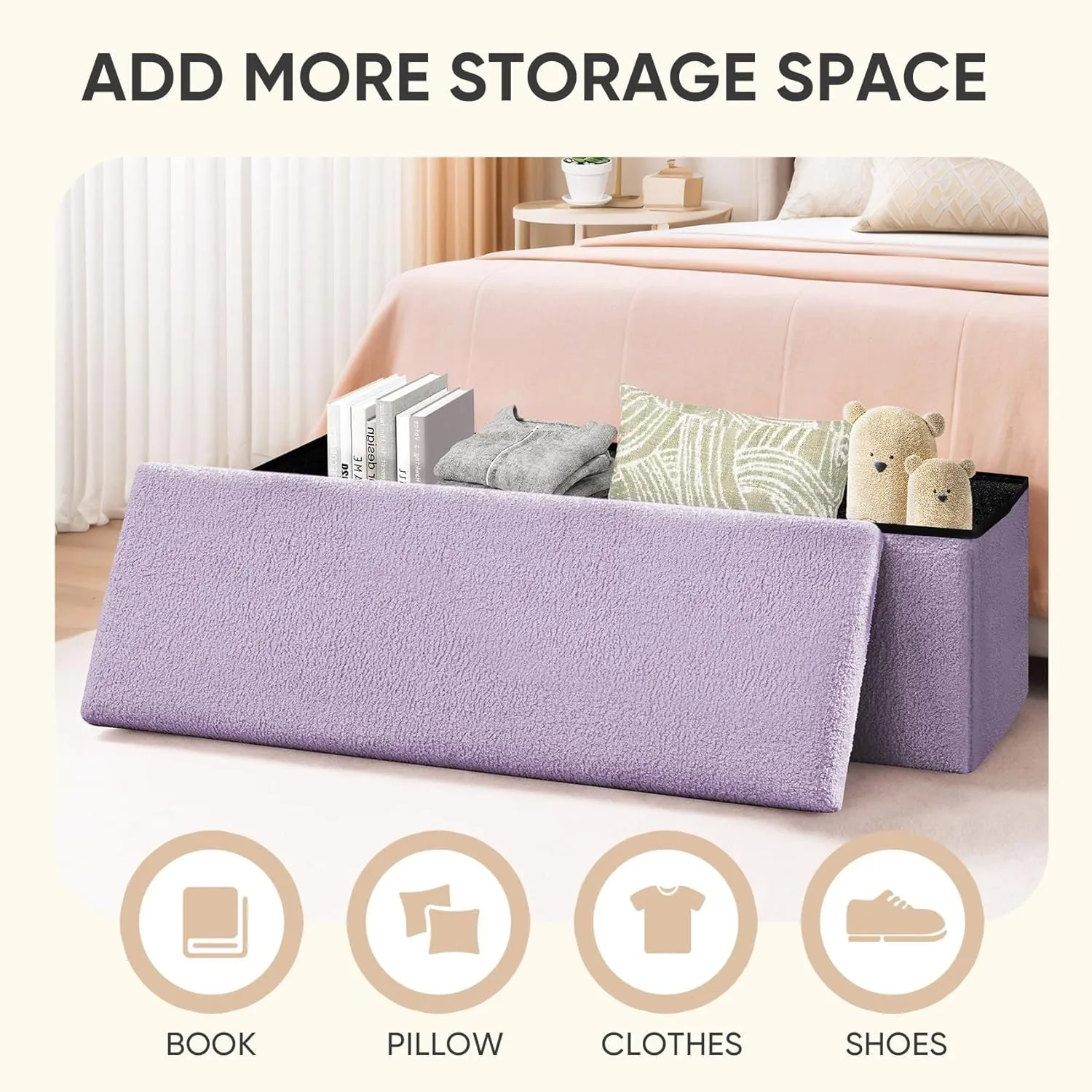 PINPLUS Folding Storage Ottoman Bench, Sherpa Ottoman with Storage, Large Long Shoes Bench Toys Chest with Lid, Footrest for Living Room, Entryway, Purple 43'' x 15'' x 15''