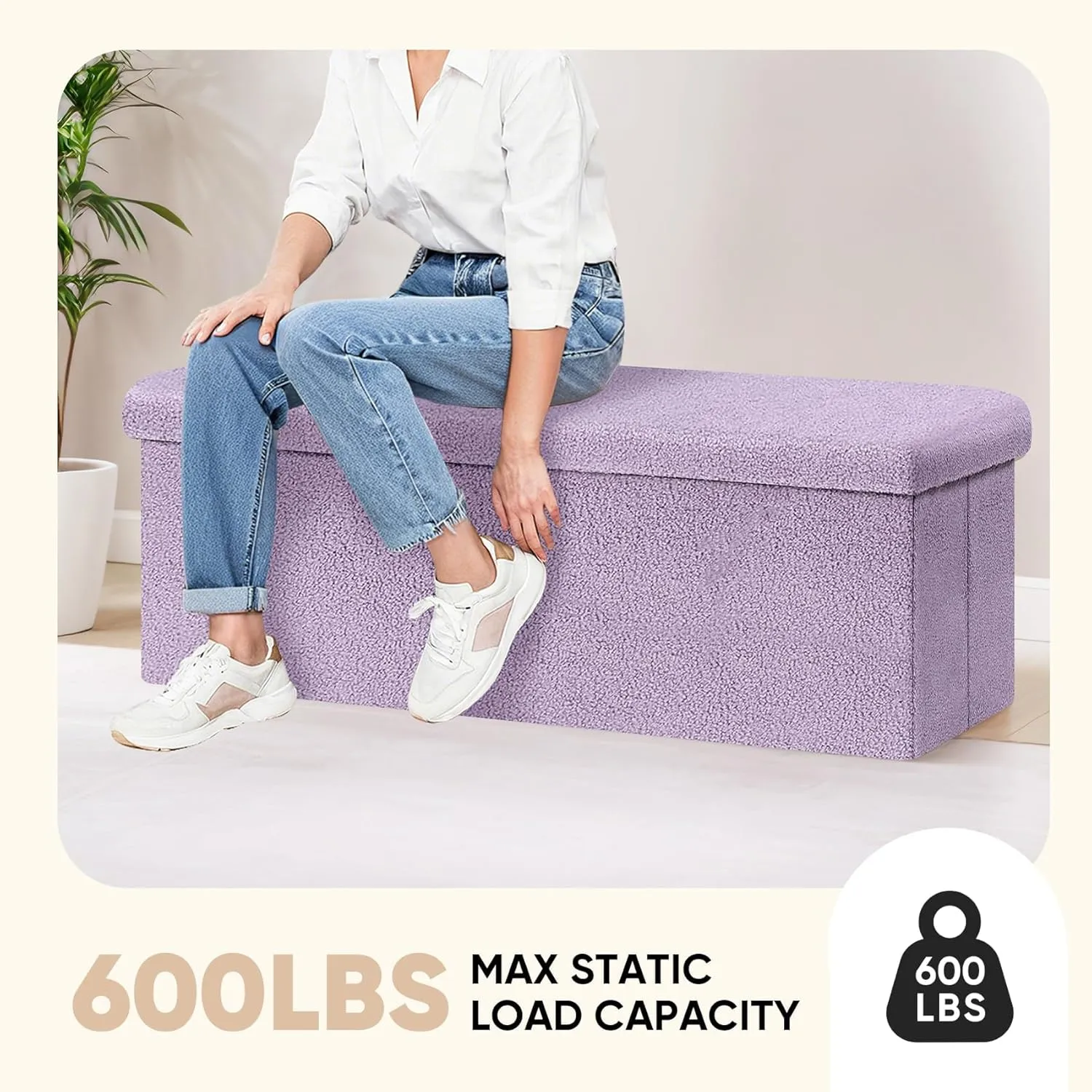 PINPLUS Folding Storage Ottoman Bench, Sherpa Ottoman with Storage, Large Long Shoes Bench Toys Chest with Lid, Footrest for Living Room, Entryway, Purple 43'' x 15'' x 15''