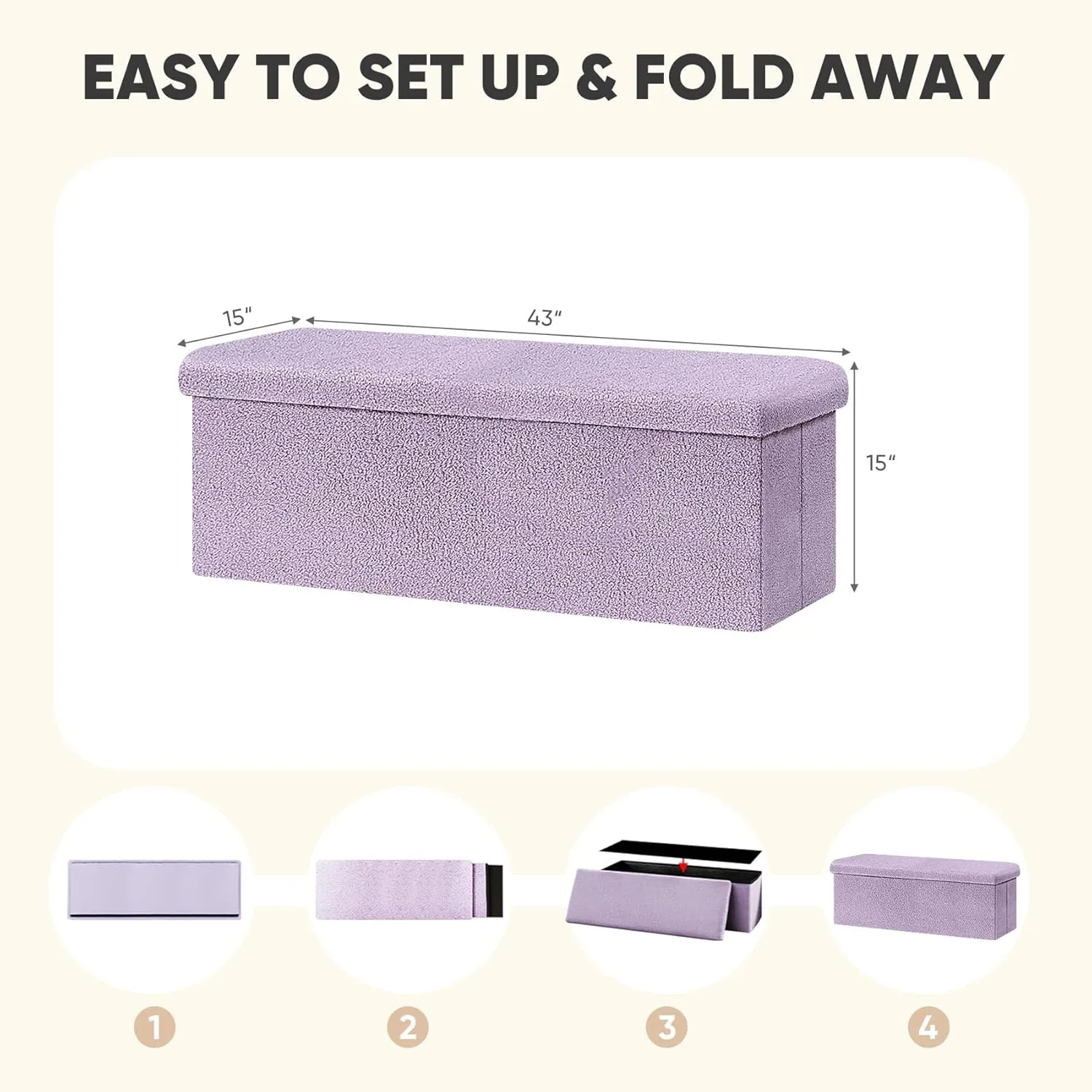 PINPLUS Folding Storage Ottoman Bench, Sherpa Ottoman with Storage, Large Long Shoes Bench Toys Chest with Lid, Footrest for Living Room, Entryway, Purple 43'' x 15'' x 15''