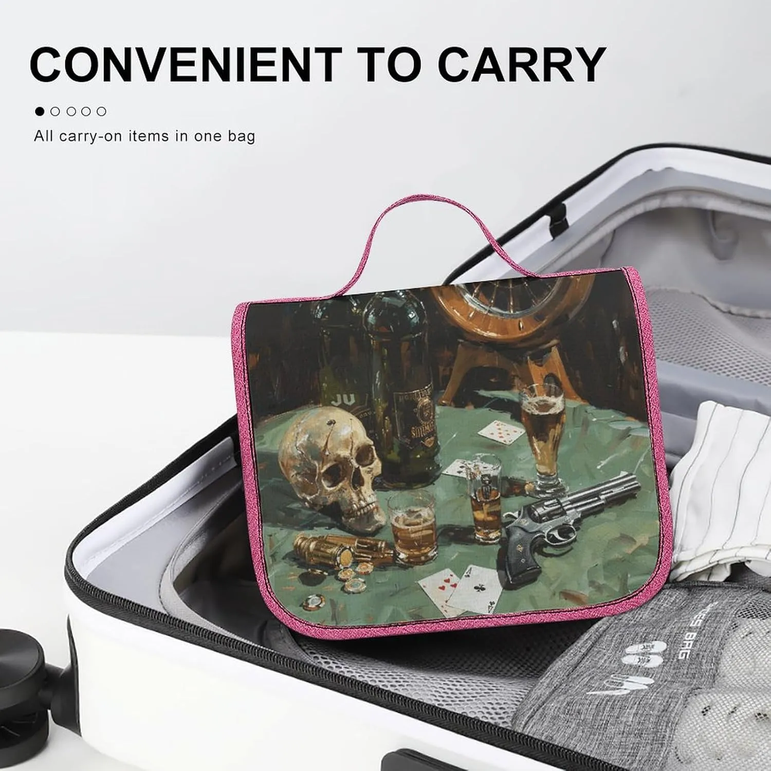 Pistol And Cards Travel Toiletry Bag for Women,Hanging Toiletry Organizer with Hook, Makeup Bag Travel Organizer for Shampoo,Toiletriesl