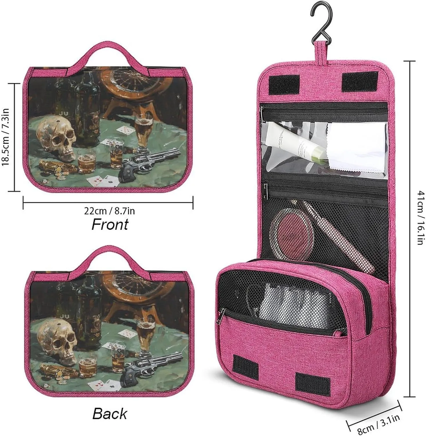 Pistol And Cards Travel Toiletry Bag for Women,Hanging Toiletry Organizer with Hook, Makeup Bag Travel Organizer for Shampoo,Toiletriesl