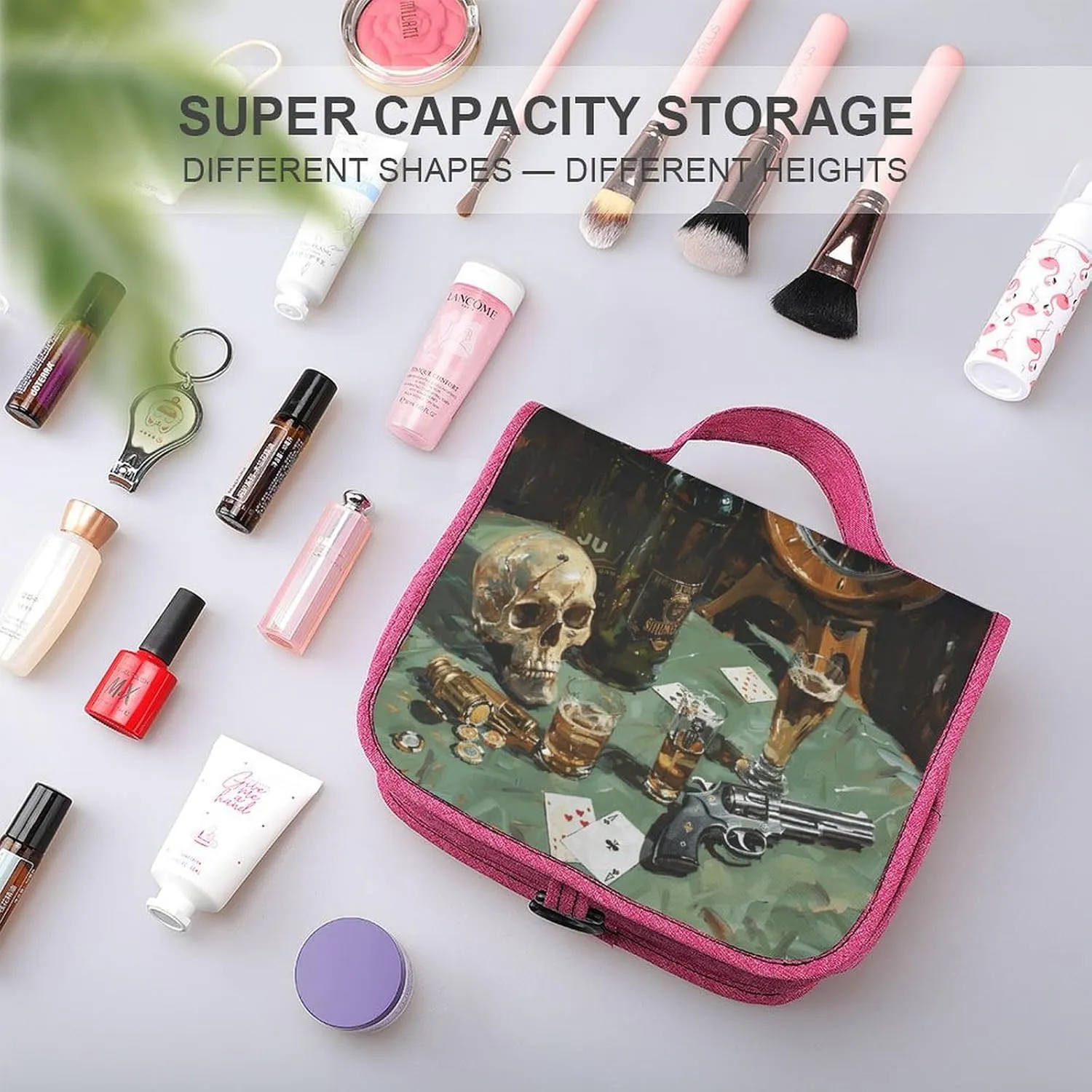 Pistol And Cards Travel Toiletry Bag for Women,Hanging Toiletry Organizer with Hook, Makeup Bag Travel Organizer for Shampoo,Toiletriesl