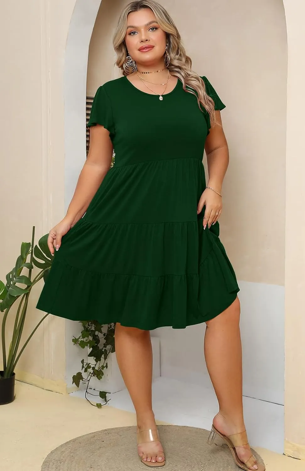 Plus Size Summer Dress for Women Ruffle Sleeve Tiered Flowy Casual Aline Babydoll Sundresses with Pockets