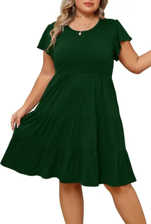 Plus Size Summer Dress for Women Ruffle Sleeve Tiered Flowy Casual Aline Babydoll Sundresses with Pockets