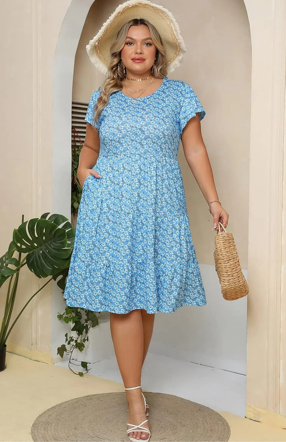 Plus Size Summer Dress for Women Ruffle Sleeve Tiered Flowy Casual Aline Babydoll Sundresses with Pockets