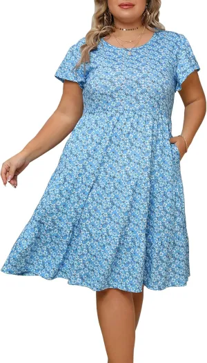 Plus Size Summer Dress for Women Ruffle Sleeve Tiered Flowy Casual Aline Babydoll Sundresses with Pockets