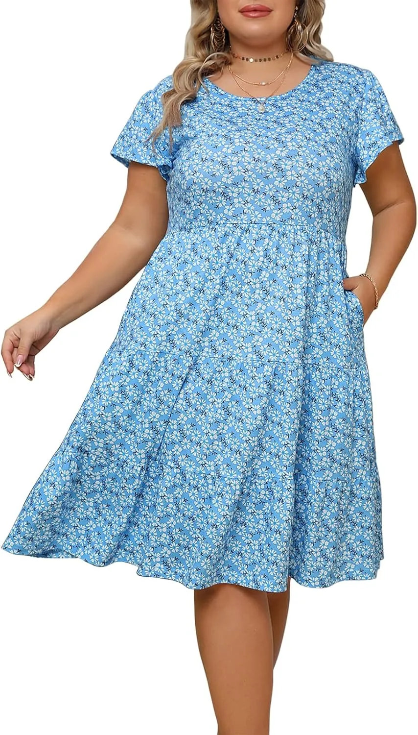 Plus Size Summer Dress for Women Ruffle Sleeve Tiered Flowy Casual Aline Babydoll Sundresses with Pockets