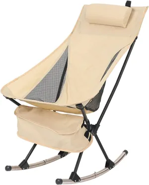 Portable Camping Chair Outdoor Folding Deck Chairs with Headrest, High-Back Fishing Chair Casual Rocking Chair for Sports Picnic Beach Hiking (B Beige)