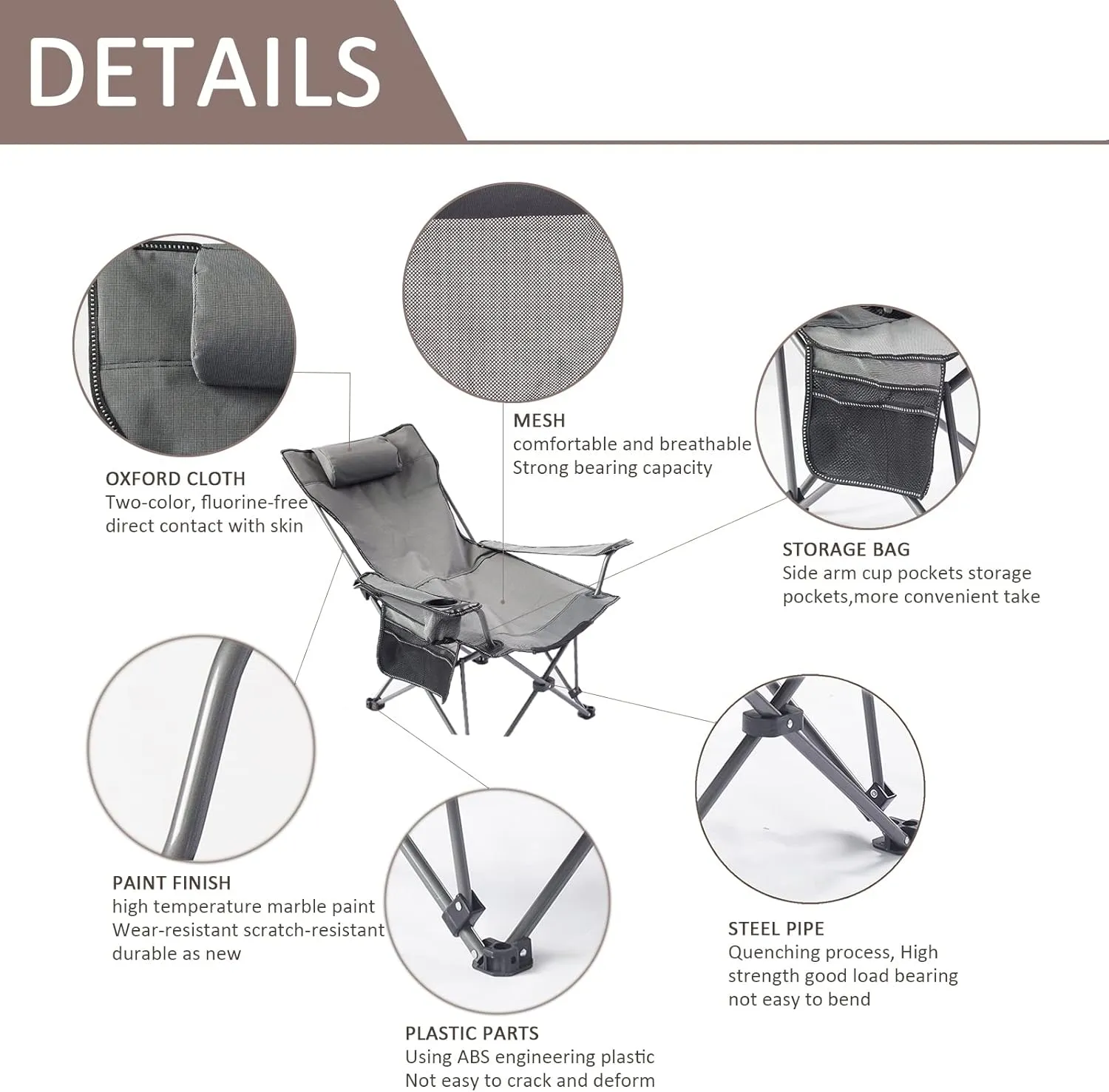 Portable Chairs for Adults 120kg Beach Chairs High Off Ground Reclining, Folding Camping Chair with Carrying Bag,E