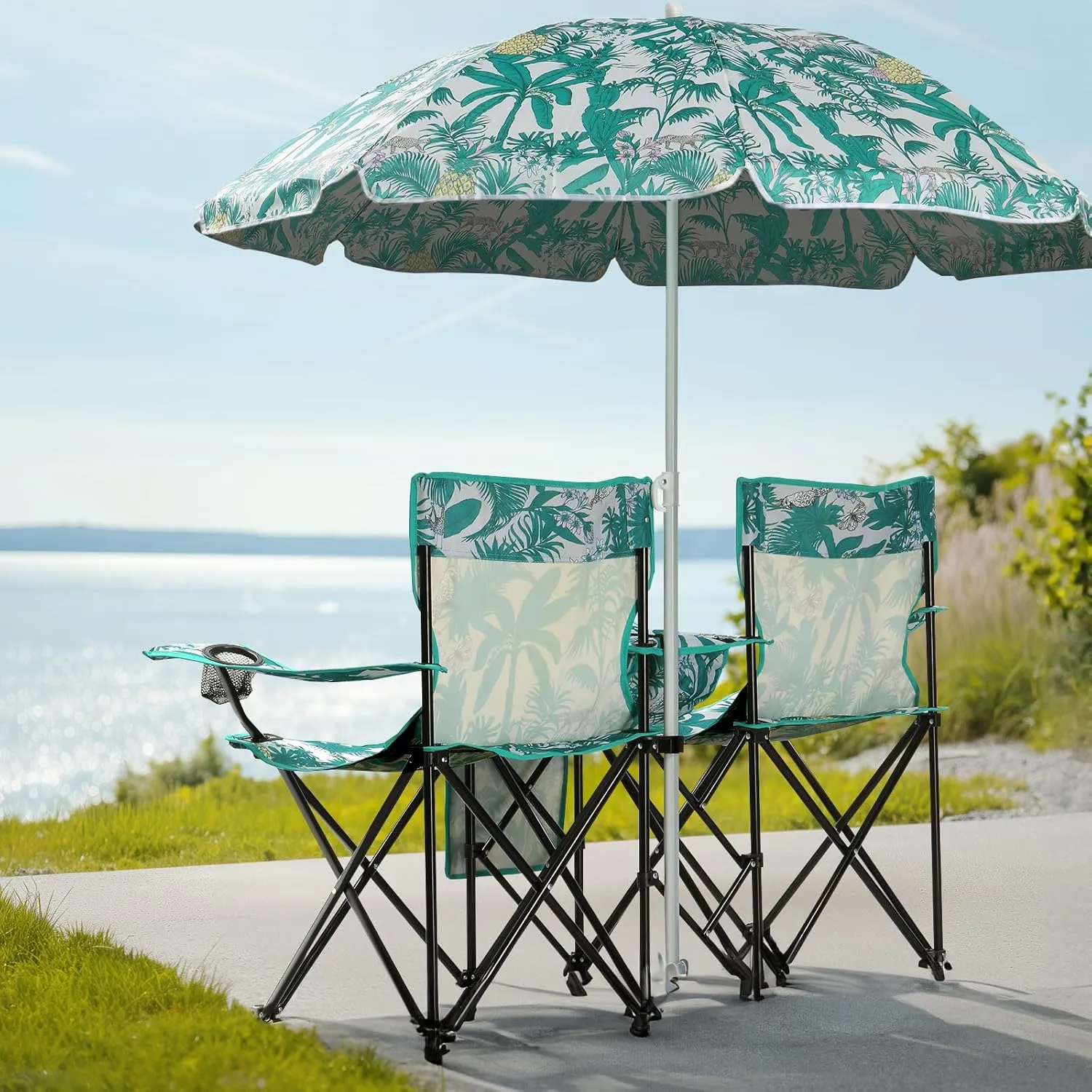 Portable Outdoor 2-Seat Folding Chair Heavy Duty Beach Camping Chairs with Removable Sun Umbrella and Portable Bag Outdoor Backpack Design for Camping Lawn Concerts Travel Weight Capacity 180 lbs