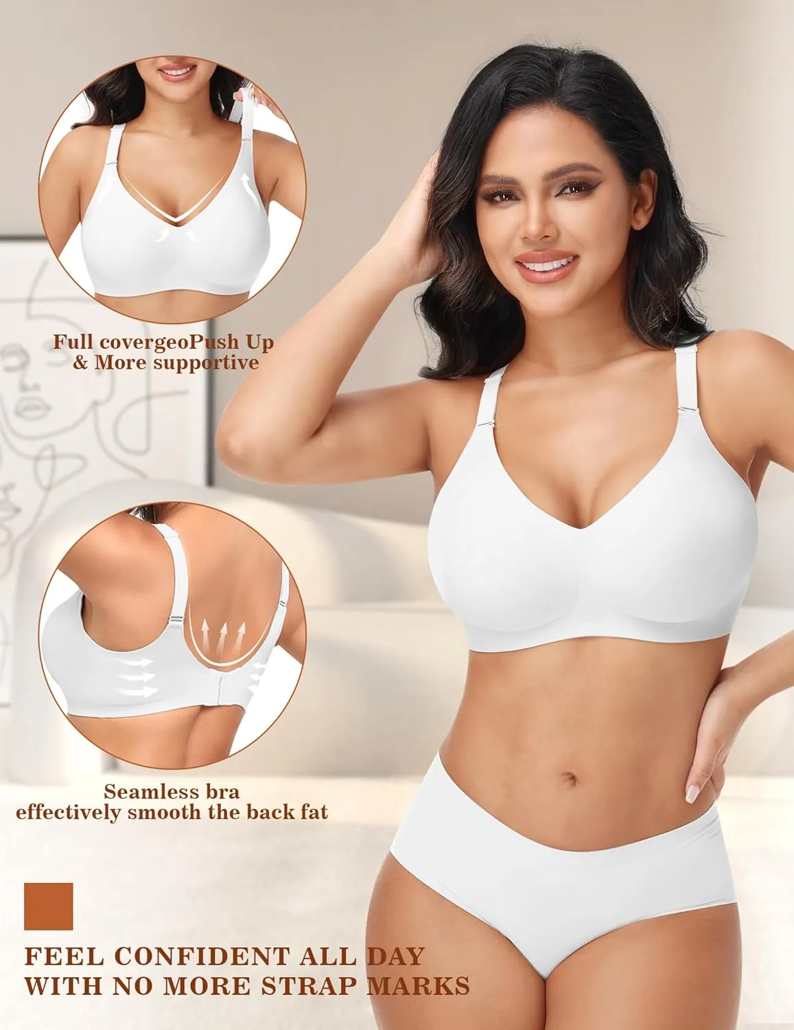 PoseFree Wireless Bras for Women No Underwire Full Coverage Supportive Seamless Back Fat Smoothing Padded Push Up Bra