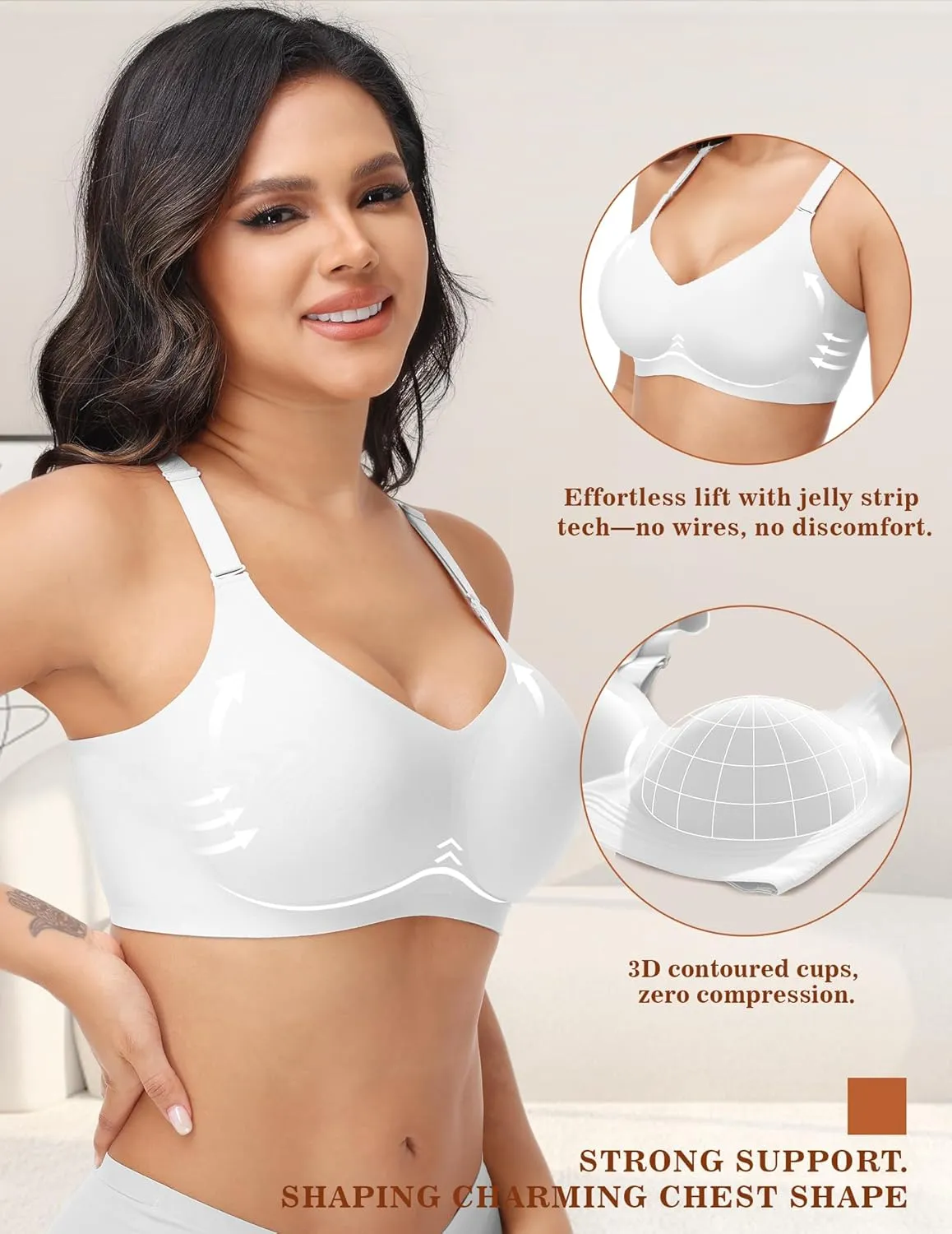 PoseFree Wireless Bras for Women No Underwire Full Coverage Supportive Seamless Back Fat Smoothing Padded Push Up Bra