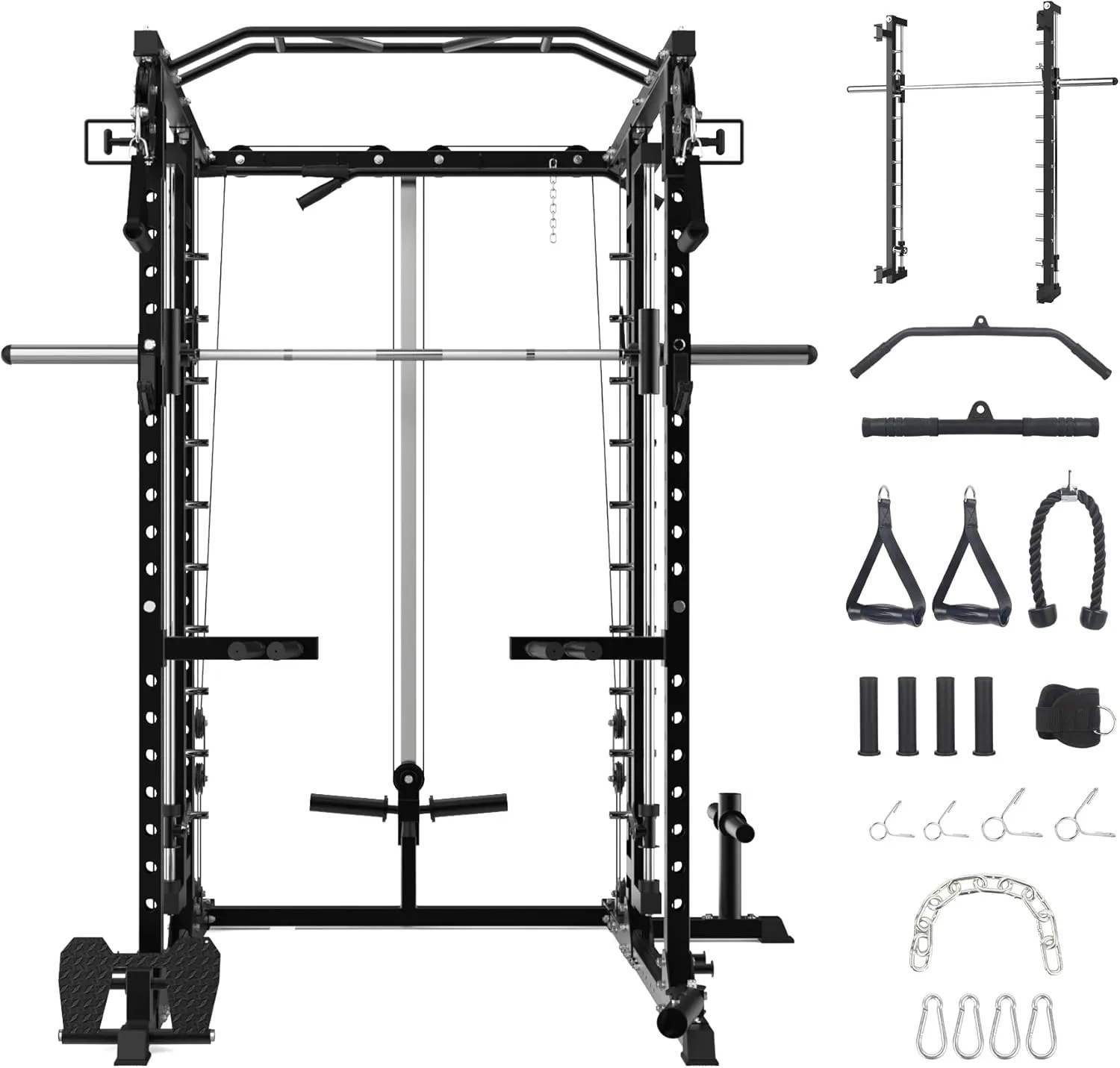 Power Cage with Smithbar, 2000 Lbs Power Rack with Cable Crossover System, Multi-Functional Strength Training Squat Rack with LAT Pull Down System, Weight Cage Home Gym Equipment