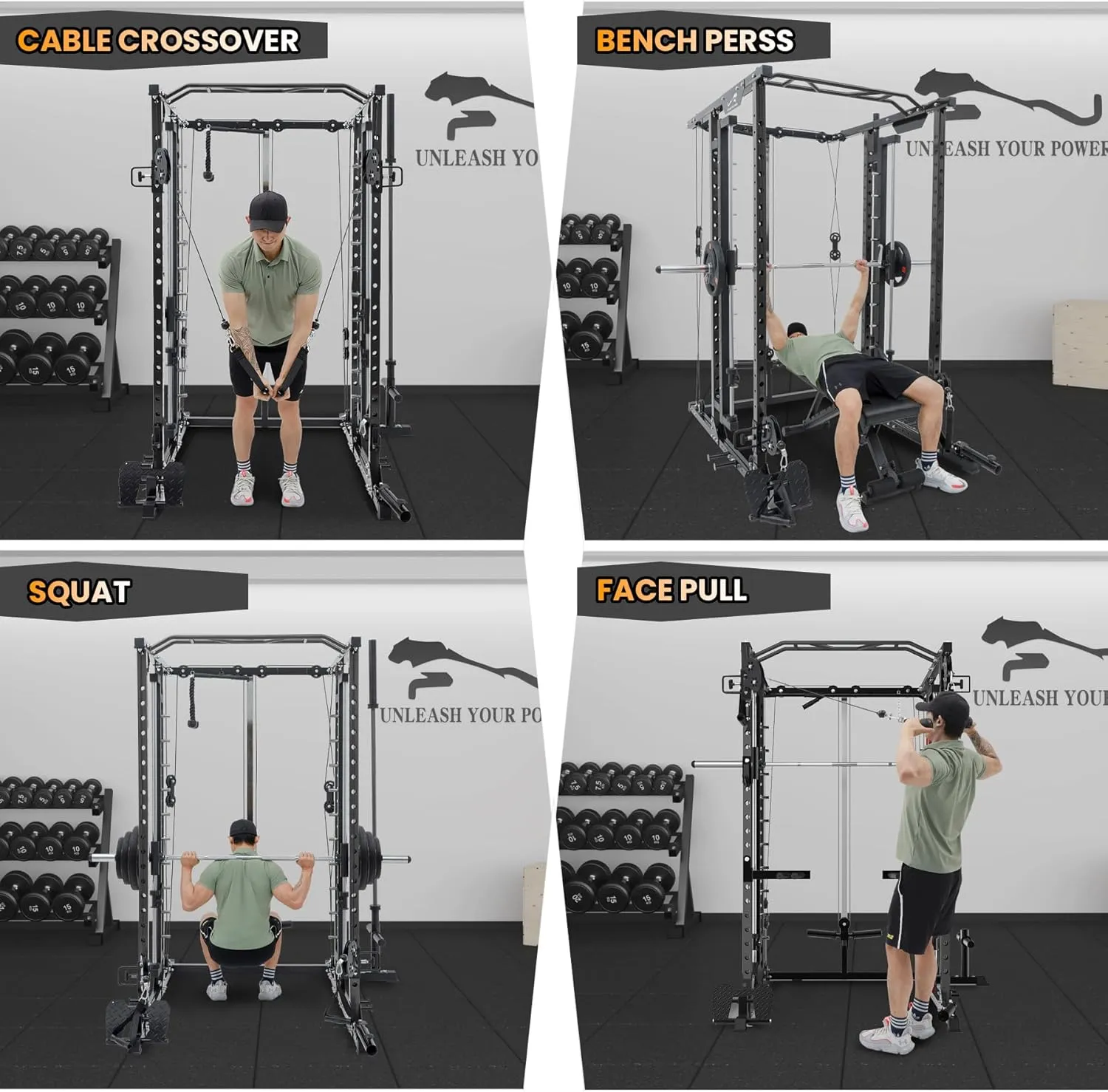 Power Cage with Smithbar, 2000 Lbs Power Rack with Cable Crossover System, Multi-Functional Strength Training Squat Rack with LAT Pull Down System, Weight Cage Home Gym Equipment