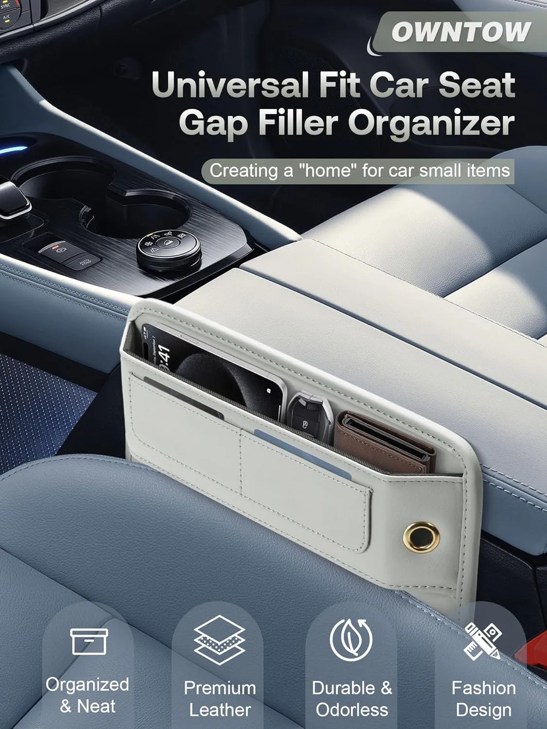 Premium Leather Car Seat Gap Filler Organizer, Universal Fit Interior Accessory with Card Slots, Car Center Console Organizer for Suv, Truck (Beige, 2 Pack)