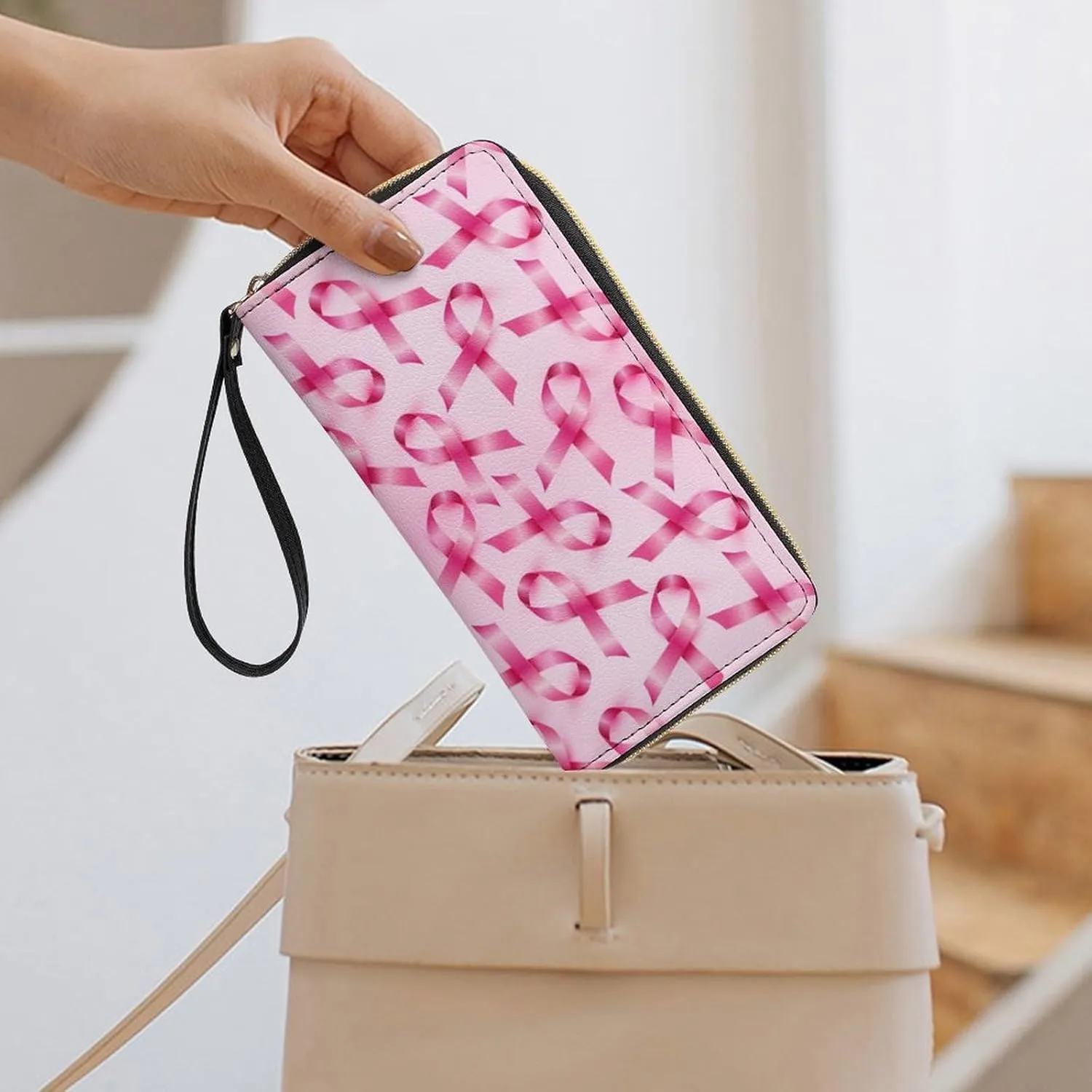 PU Leather Wallet for Women, Travel Credit Card Holder Breast Cancer Ribbons Awareness Pink Zipper Long Purse Waterproof Wallet with Wrist strap