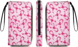 PU Leather Wallet for Women, Travel Credit Card Holder Breast Cancer Ribbons Awareness Pink Zipper Long Purse Waterproof Wallet with Wrist strap