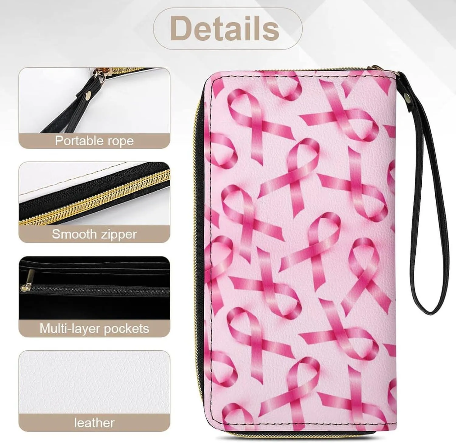 PU Leather Wallet for Women, Travel Credit Card Holder Breast Cancer Ribbons Awareness Pink Zipper Long Purse Waterproof Wallet with Wrist strap