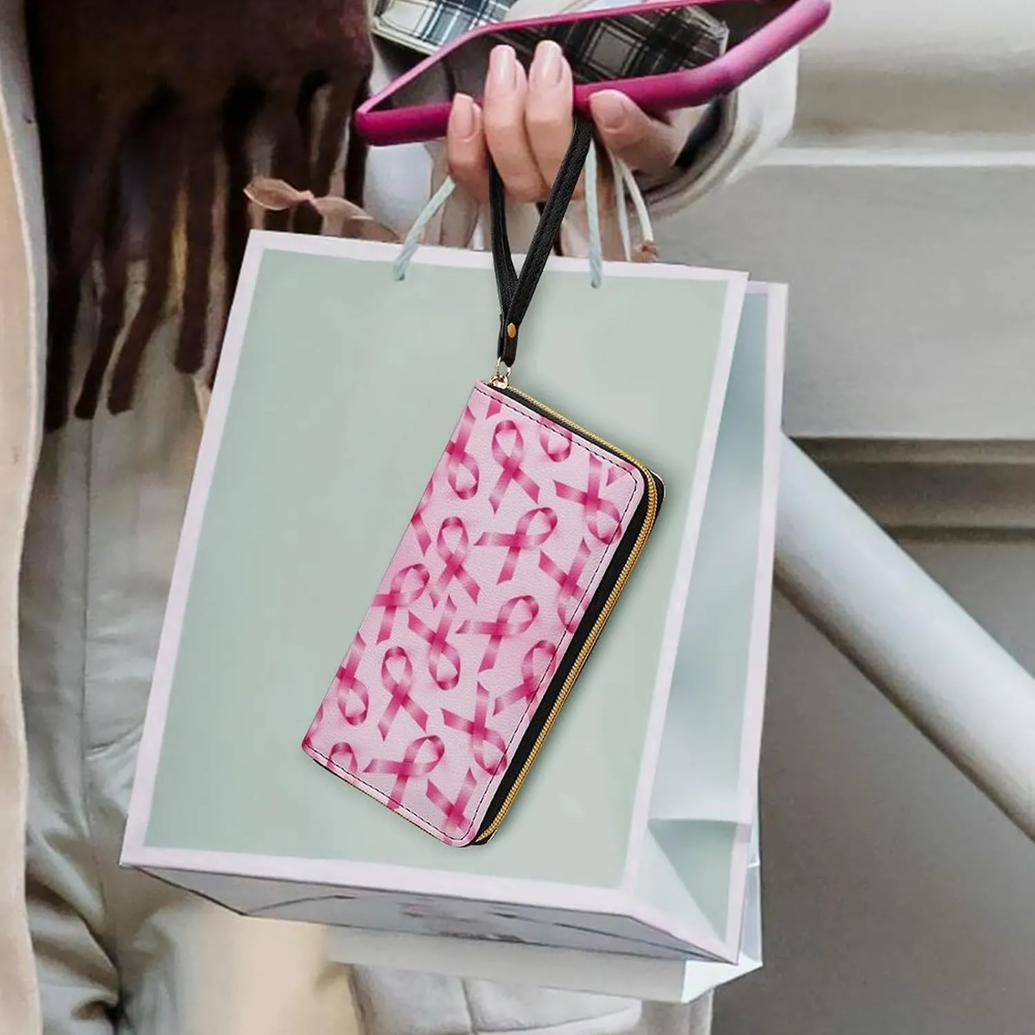 PU Leather Wallet for Women, Travel Credit Card Holder Breast Cancer Ribbons Awareness Pink Zipper Long Purse Waterproof Wallet with Wrist strap