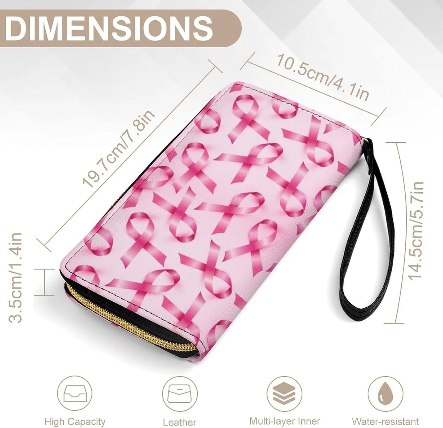 PU Leather Wallet for Women, Travel Credit Card Holder Breast Cancer Ribbons Awareness Pink Zipper Long Purse Waterproof Wallet with Wrist strap