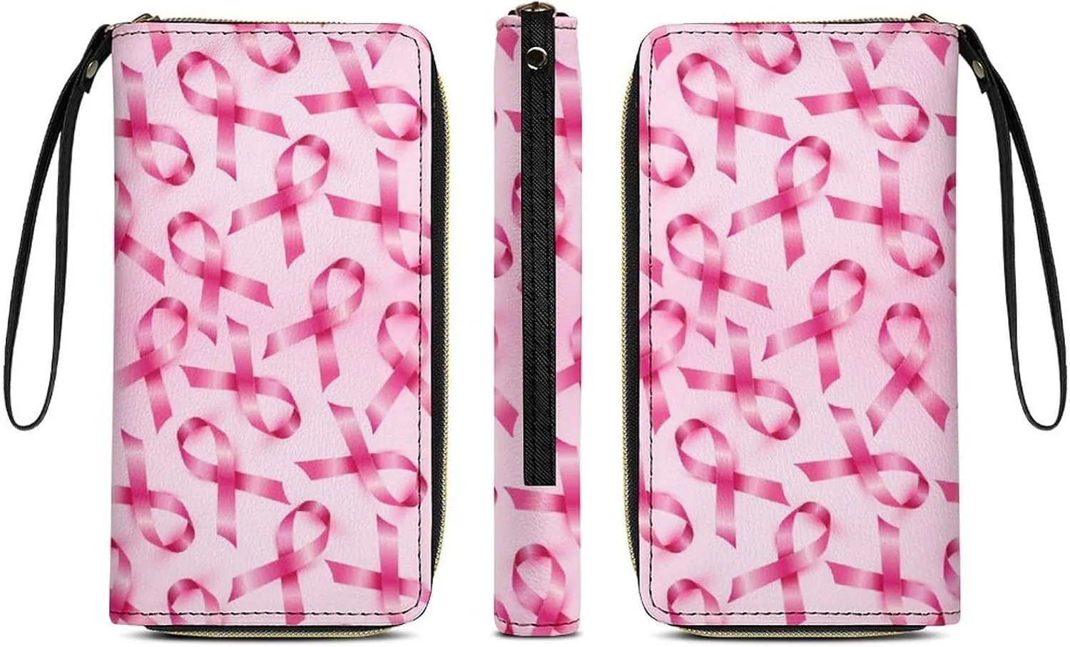 PU Leather Wallet for Women, Travel Credit Card Holder Breast Cancer Ribbons Awareness Pink Zipper Long Purse Waterproof Wallet with Wrist strap